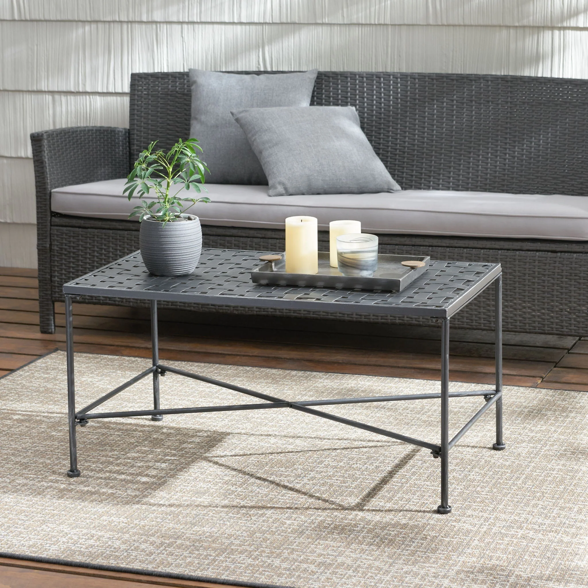 Luna Outdoor Iron Coffee Table - Black Brush Silver - Image 3