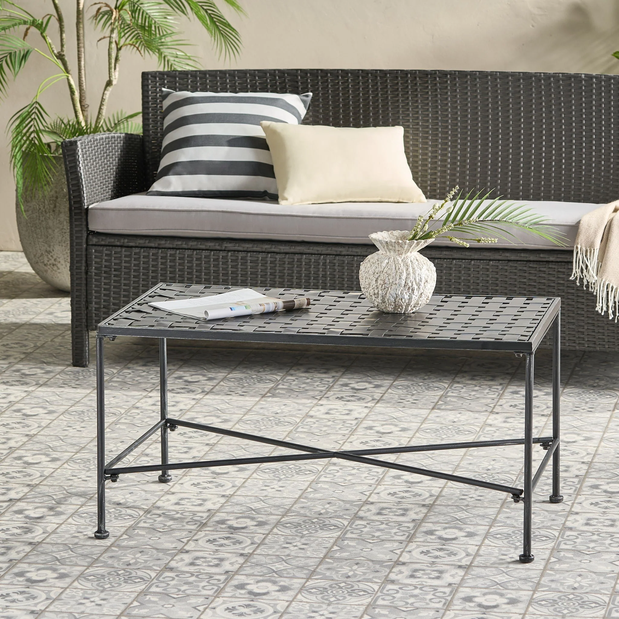 Luna Outdoor Iron Coffee Table - Black Brush Silver - Image 4