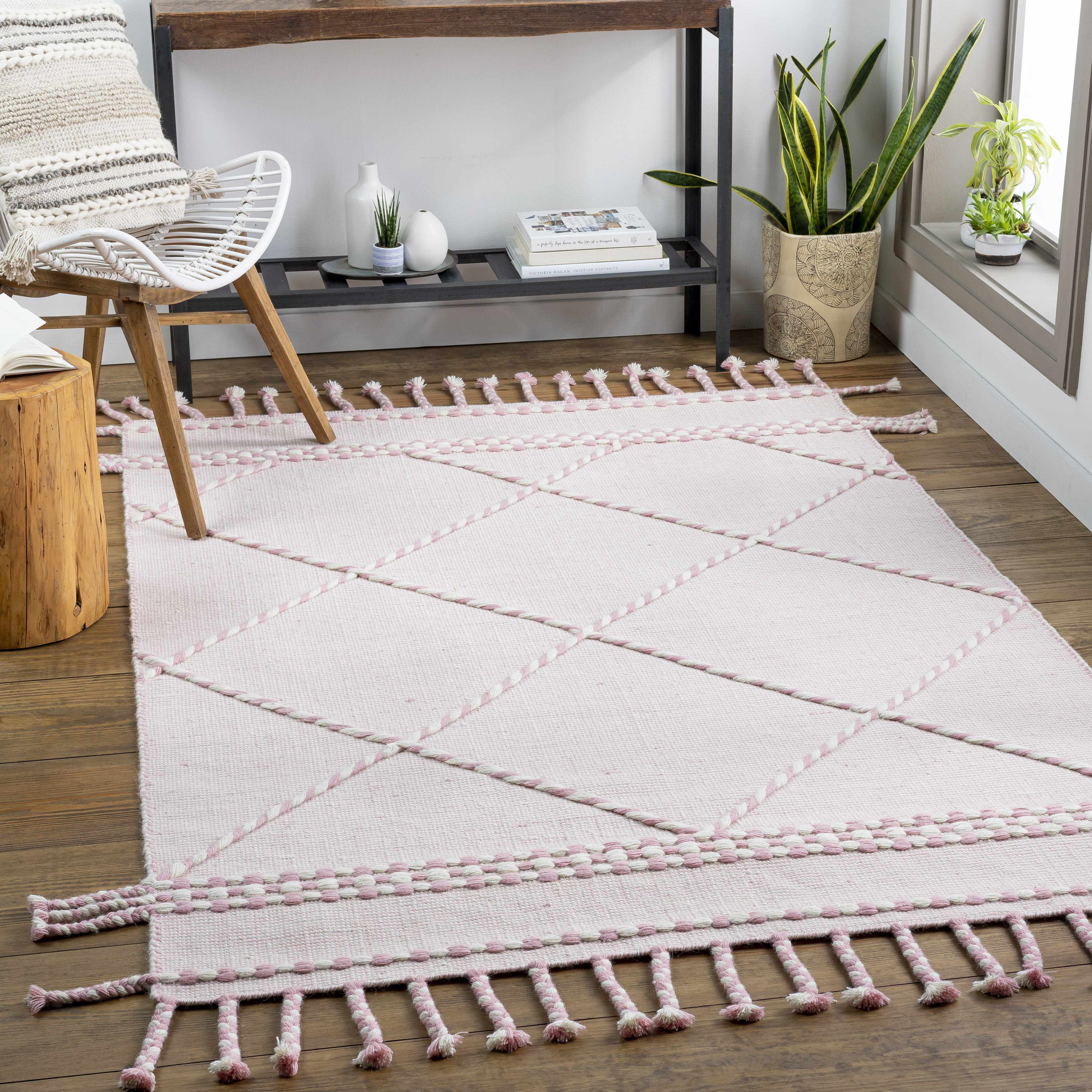 Lupton Pink Trellis Wool Rug with tassels - Clearance - Image 2