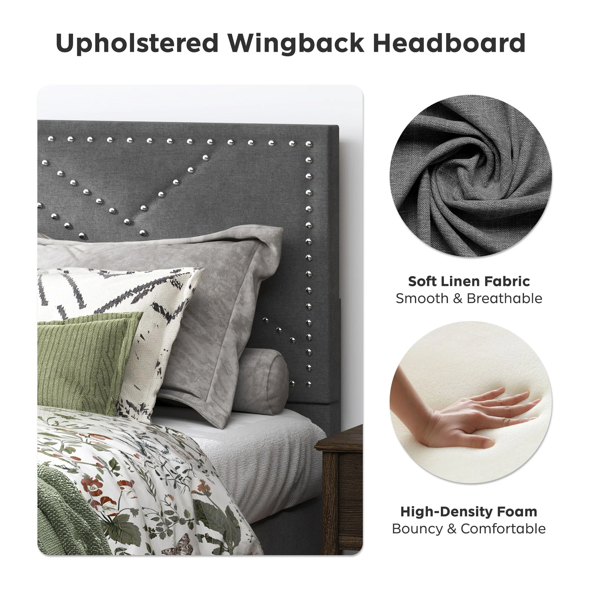 Luxurious Queen Bed Frame & Upholstered Wingback Headboard in Carbon Gray - Image 5