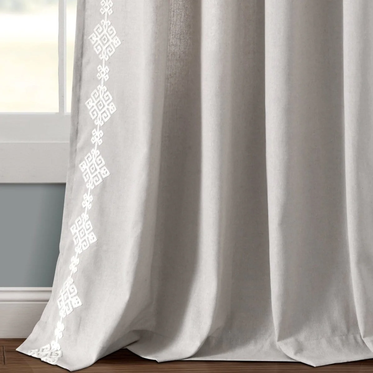 Luxury Modern Geo Linen Like Embroidery Border Window Curtain Panel - Image 5
