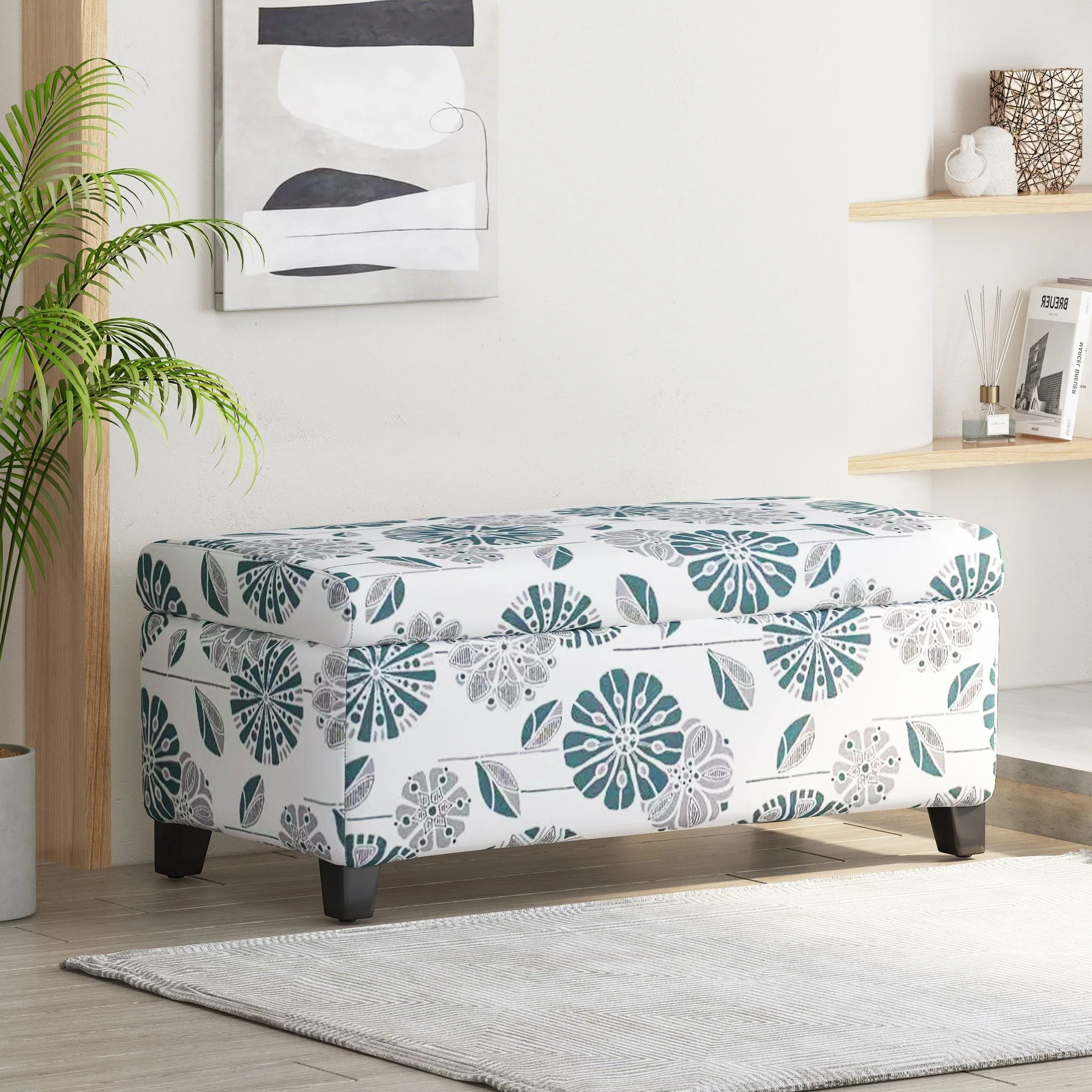 Luxury Storage Ottoman With Floral Patterned Fabric, Soft-Close Hinges, Multi Functional - Image 3