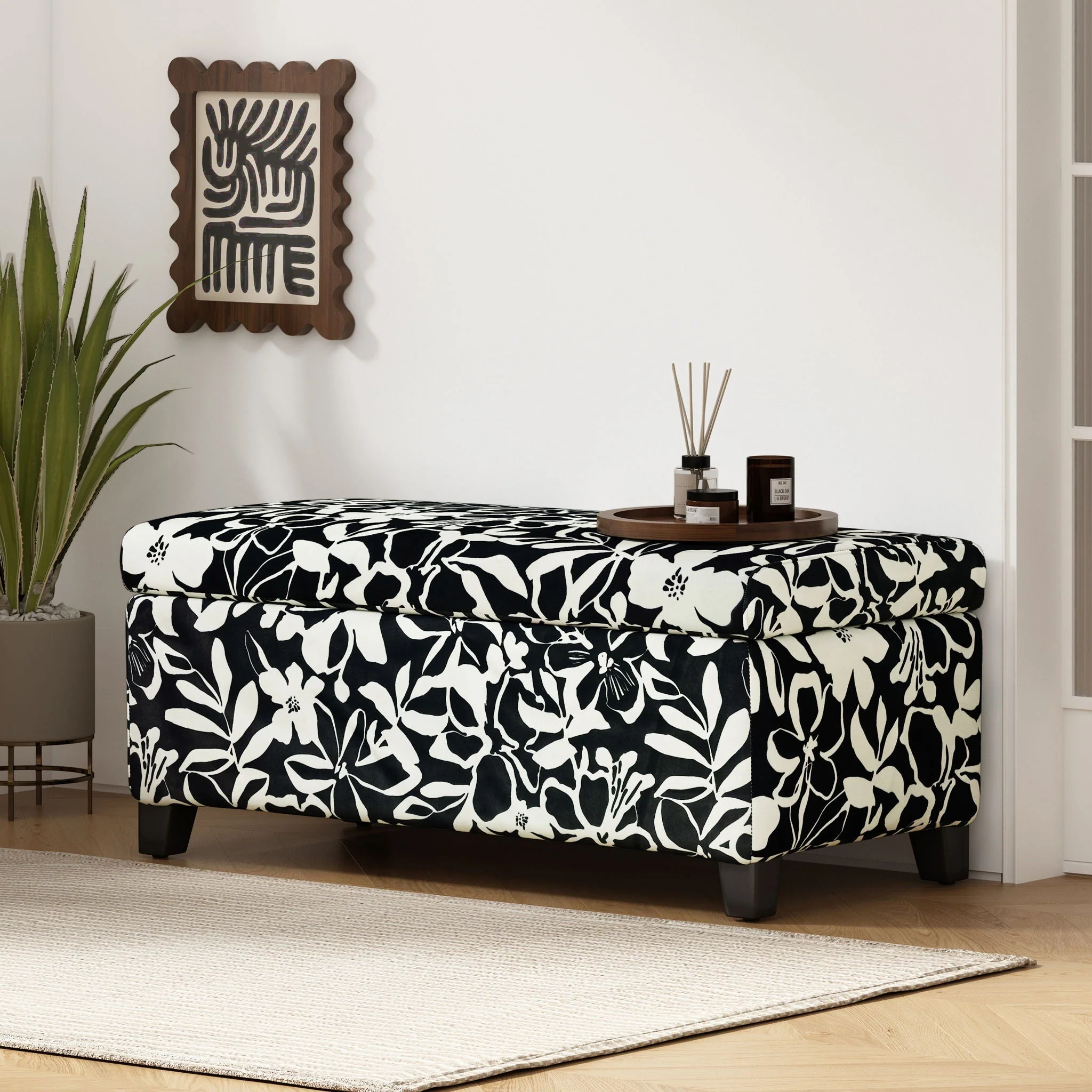 Luxury Storage Ottoman With Floral Patterned Fabric, Soft-Close Hinges, Multi Functional - Image 4