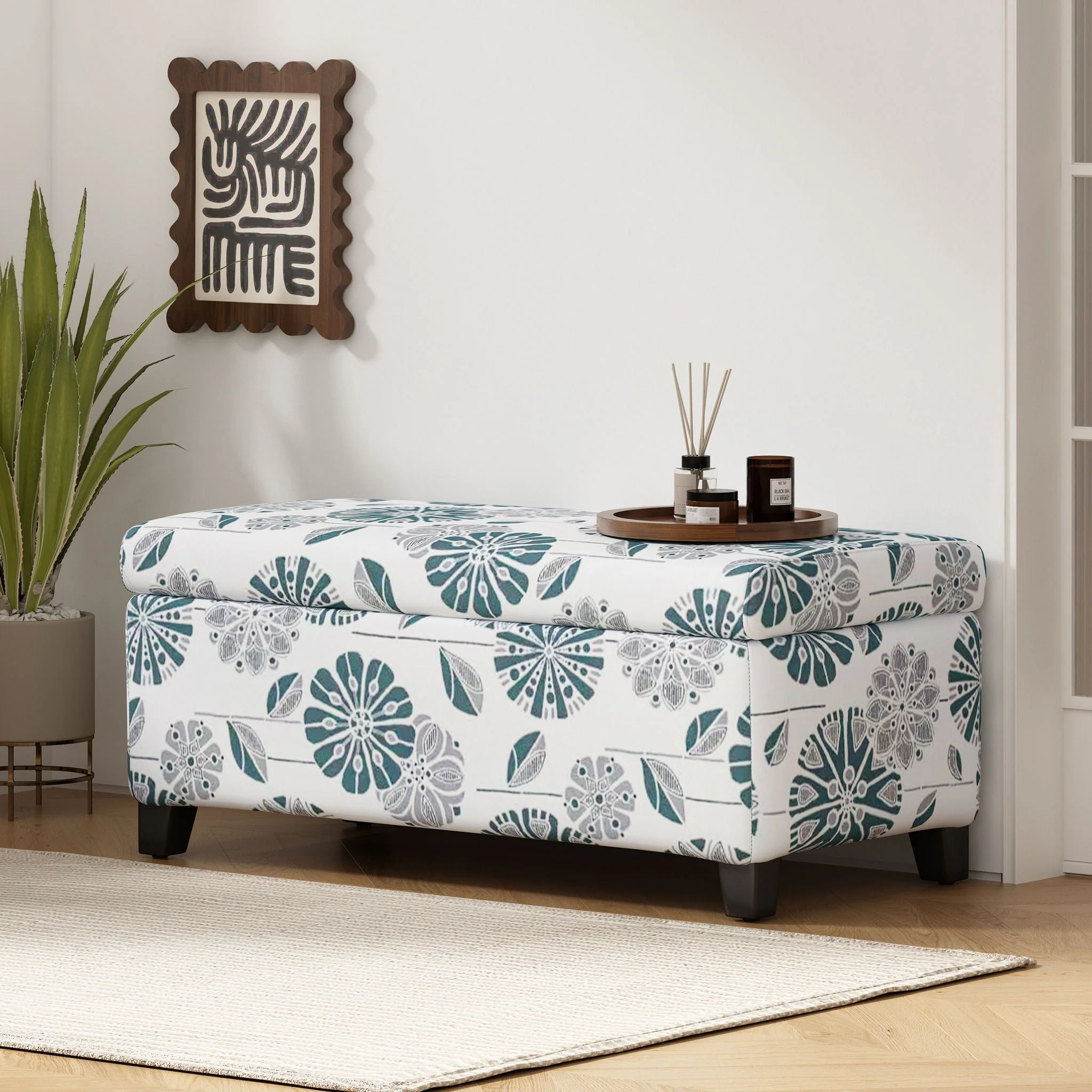 Luxury Storage Ottoman With Floral Patterned Fabric, Soft-Close Hinges, Multi Functional - Image 5