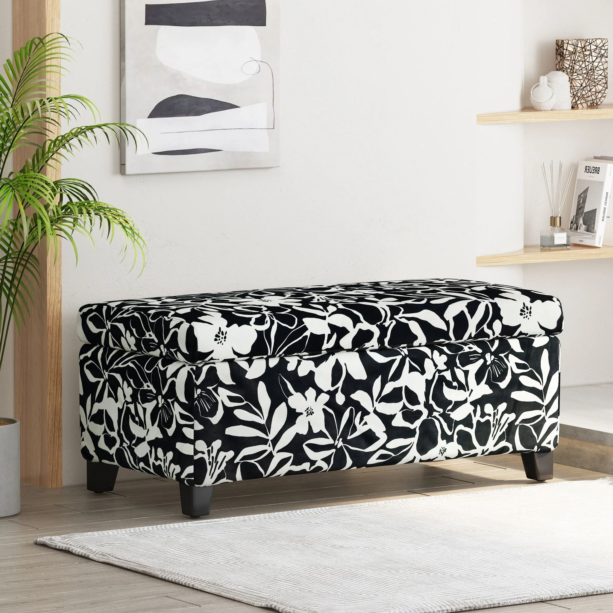Luxury Storage Ottoman With Floral Patterned Fabric, Soft-Close Hinges, Multi Functional - Image 6