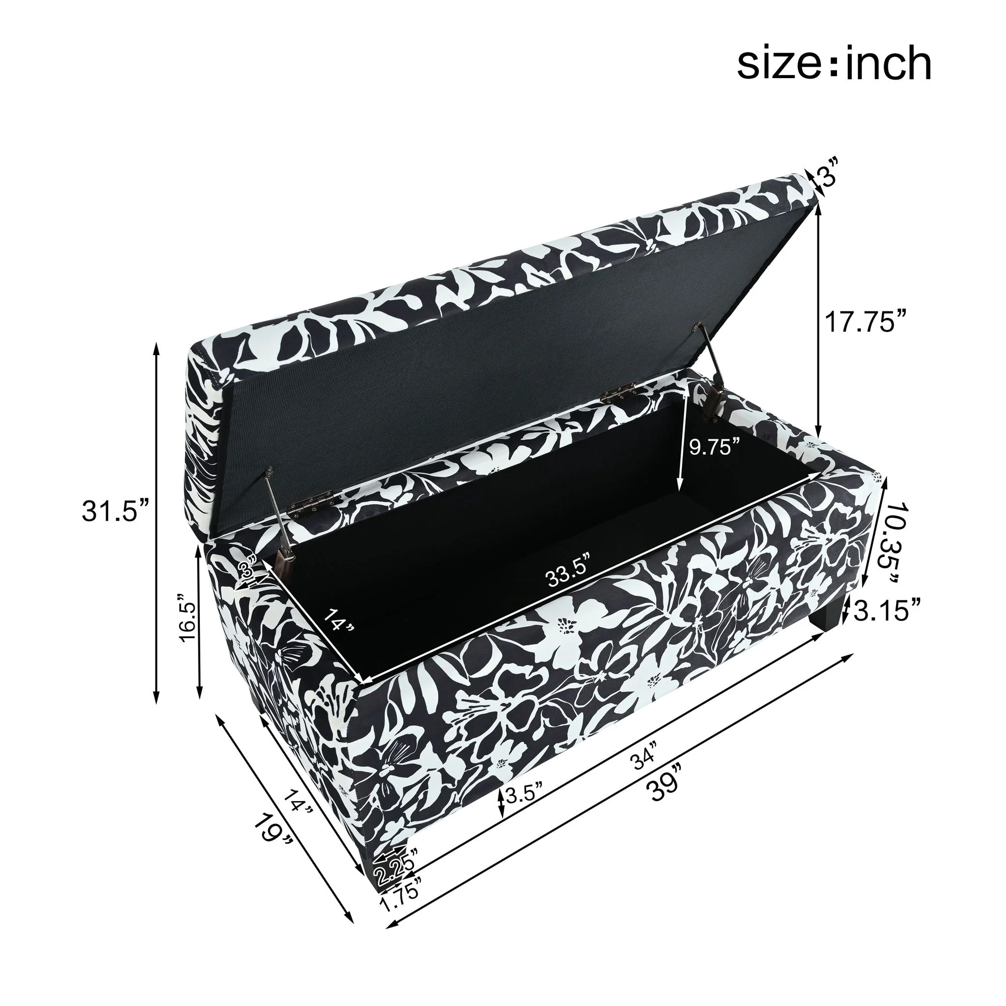 Luxury Storage Ottoman With Floral Patterned Fabric, Soft-Close Hinges, Multi Functional - Image 7