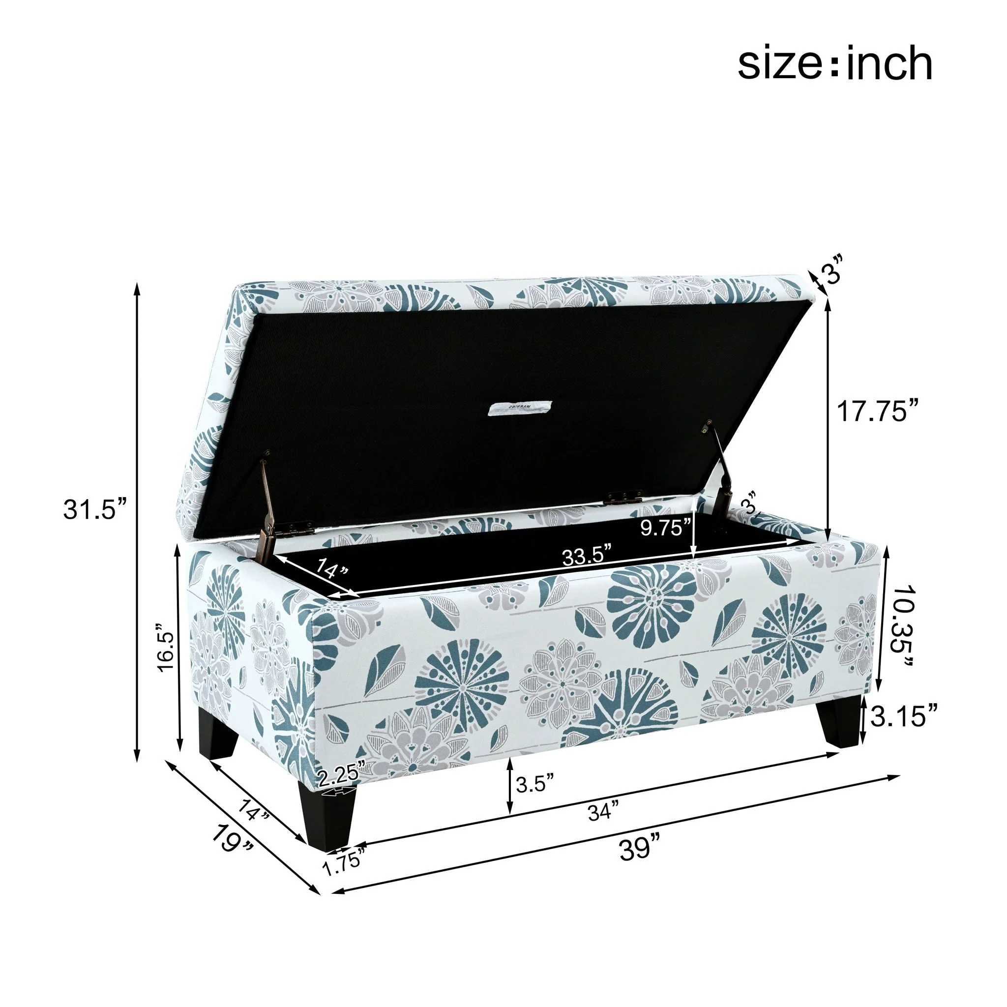 Luxury Storage Ottoman With Floral Patterned Fabric, Soft-Close Hinges, Multi Functional - Image 8