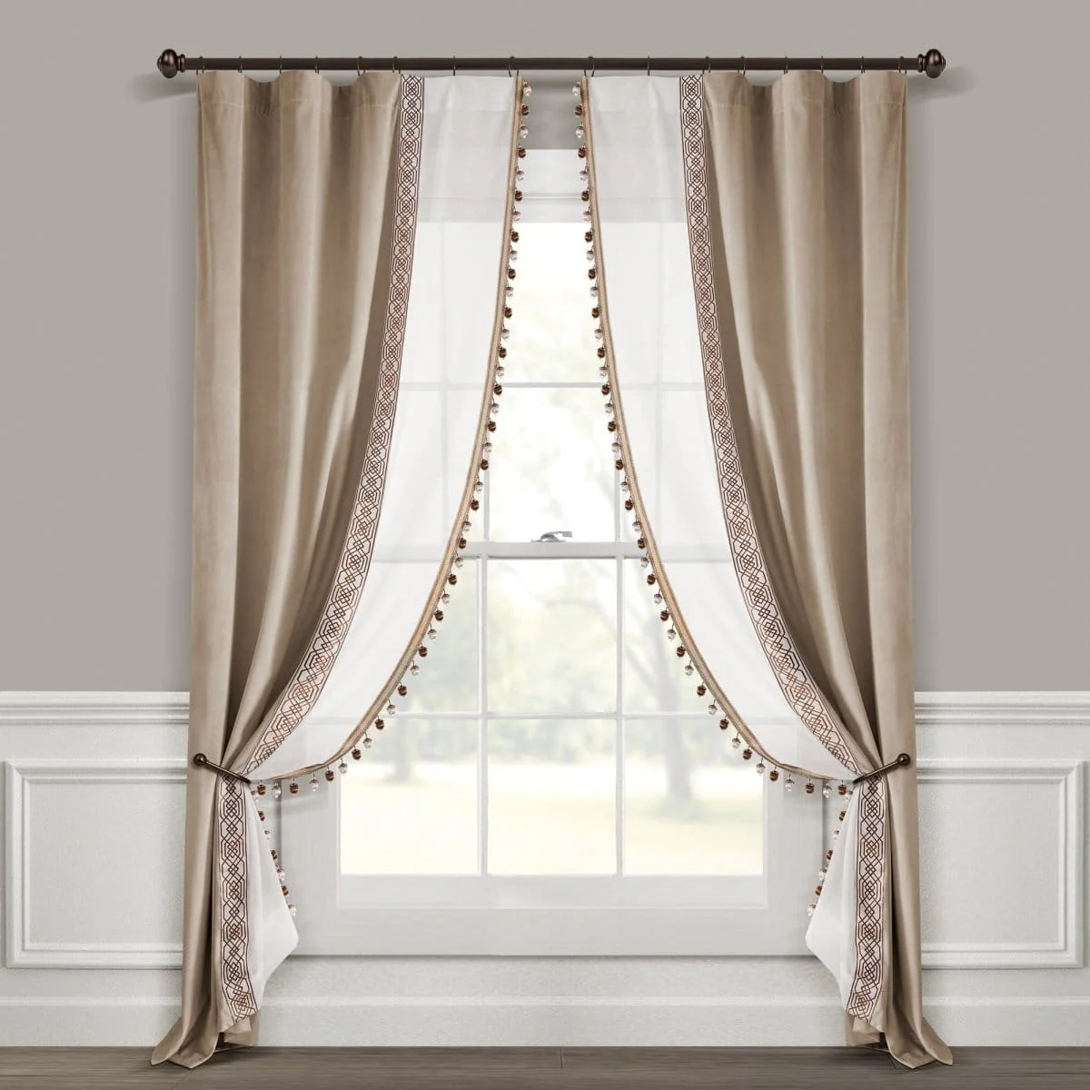 Luxury Vintage Velvet & Sheer With Border Pompom Trim Window Curtain Panel - Image 12