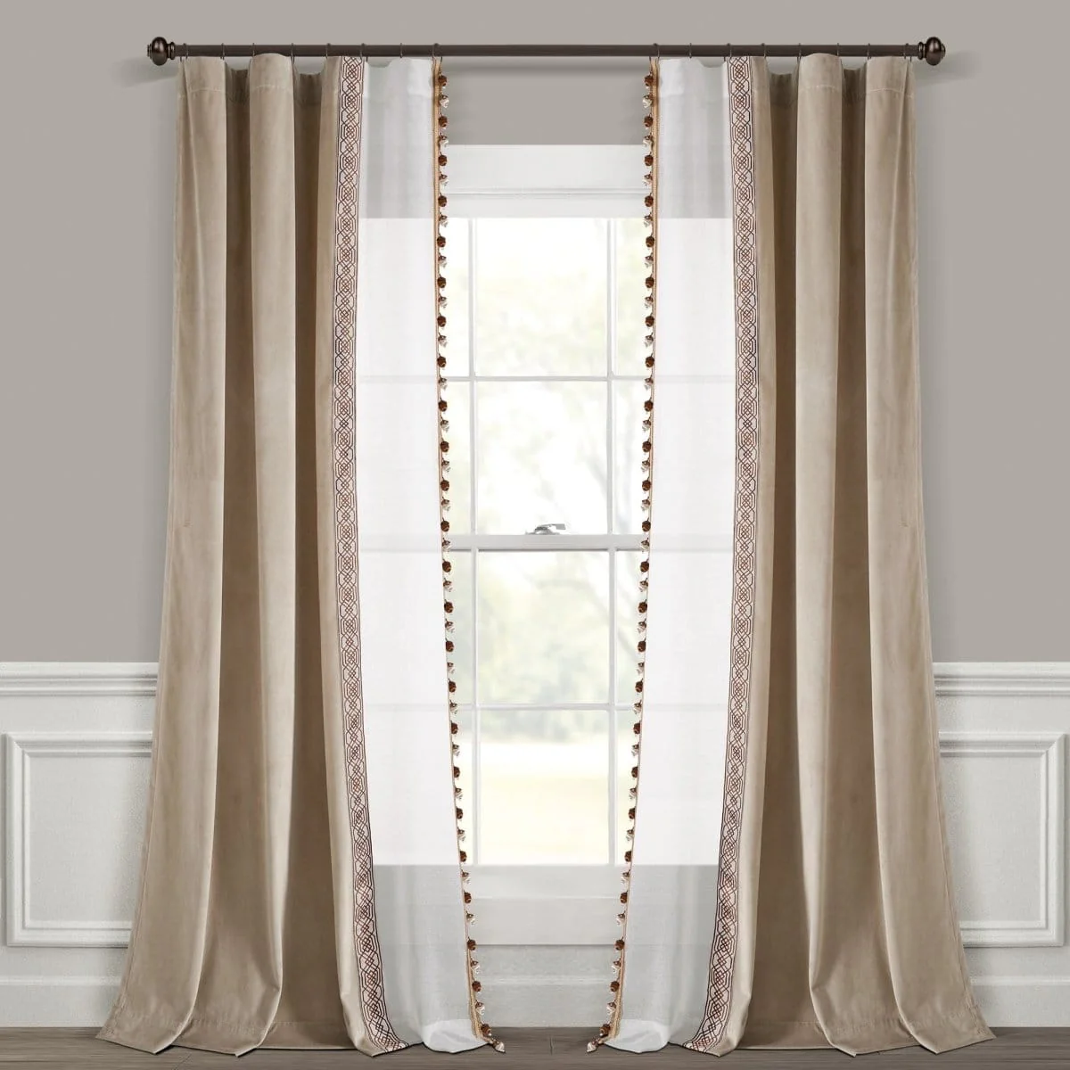 Luxury Vintage Velvet & Sheer With Border Pompom Trim Window Curtain Panel - Image 13