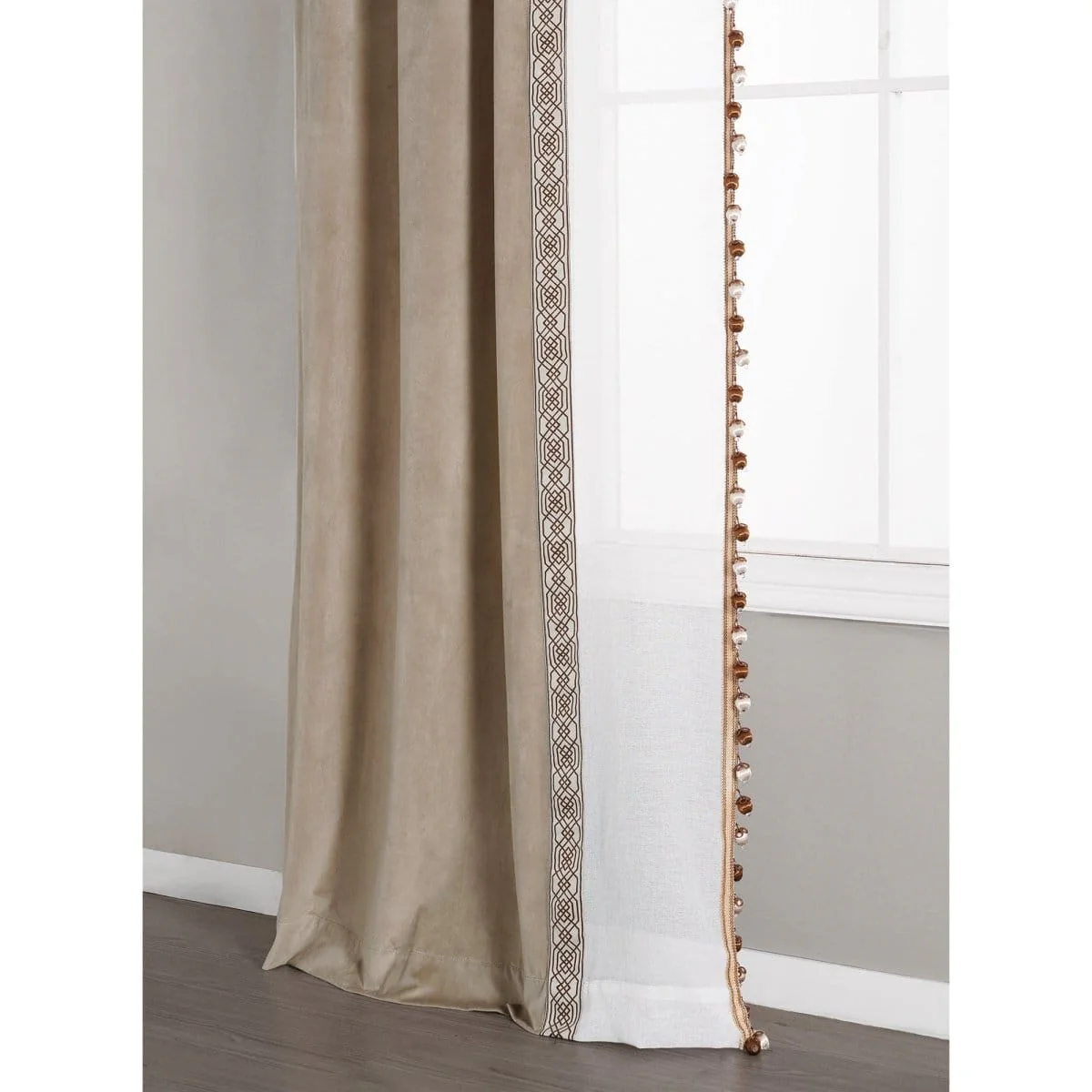 Luxury Vintage Velvet & Sheer With Border Pompom Trim Window Curtain Panel - Image 16