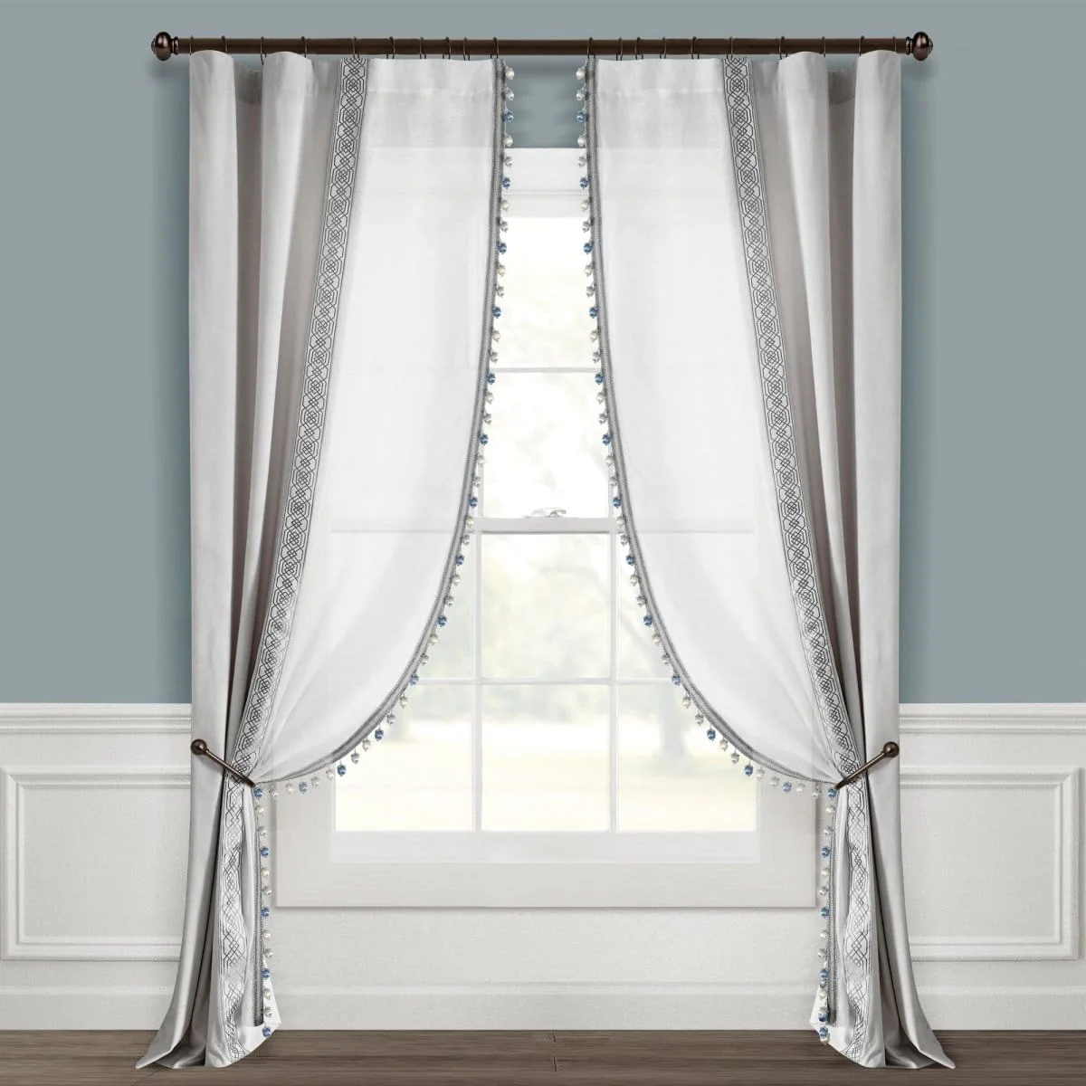 Luxury Vintage Velvet & Sheer With Border Pompom Trim Window Curtain Panel - Image 2