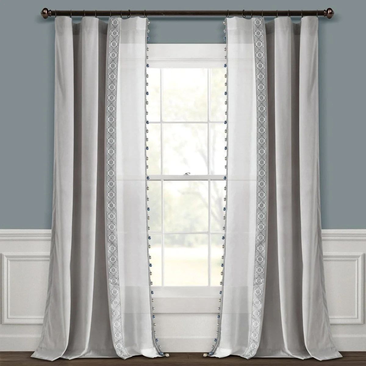 Luxury Vintage Velvet & Sheer With Border Pompom Trim Window Curtain Panel - Image 3