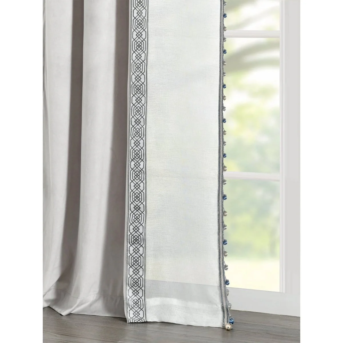 Luxury Vintage Velvet & Sheer With Border Pompom Trim Window Curtain Panel - Image 6