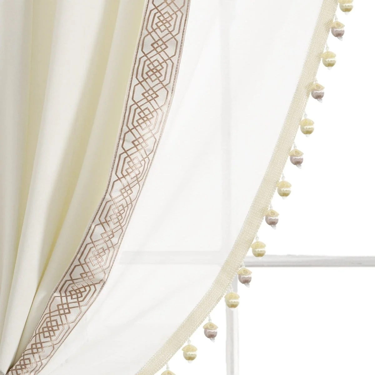 Luxury Vintage Velvet & Sheer With Border Pompom Trim Window Curtain Panel - Image 7