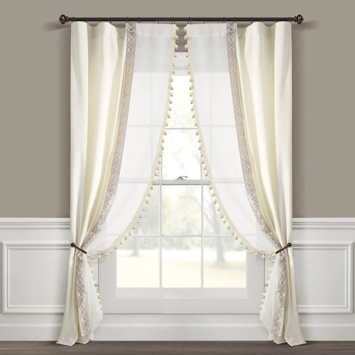Luxury Vintage Velvet & Sheer With Border Pompom Trim Window Curtain Panel - Image 8