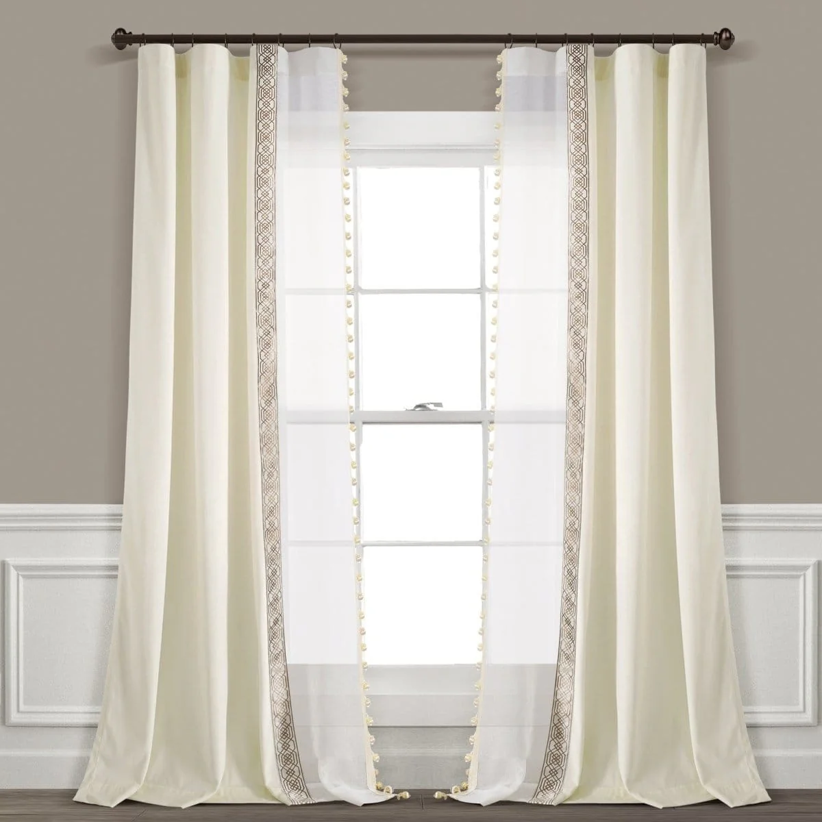 Luxury Vintage Velvet & Sheer With Border Pompom Trim Window Curtain Panel - Image 9