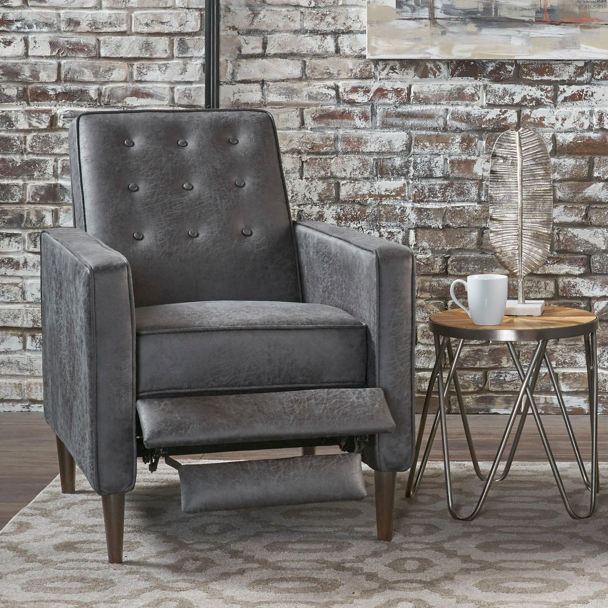 Macedonia Mid Century Modern Button Tufted Fabric Recliner - Slate - Image 3