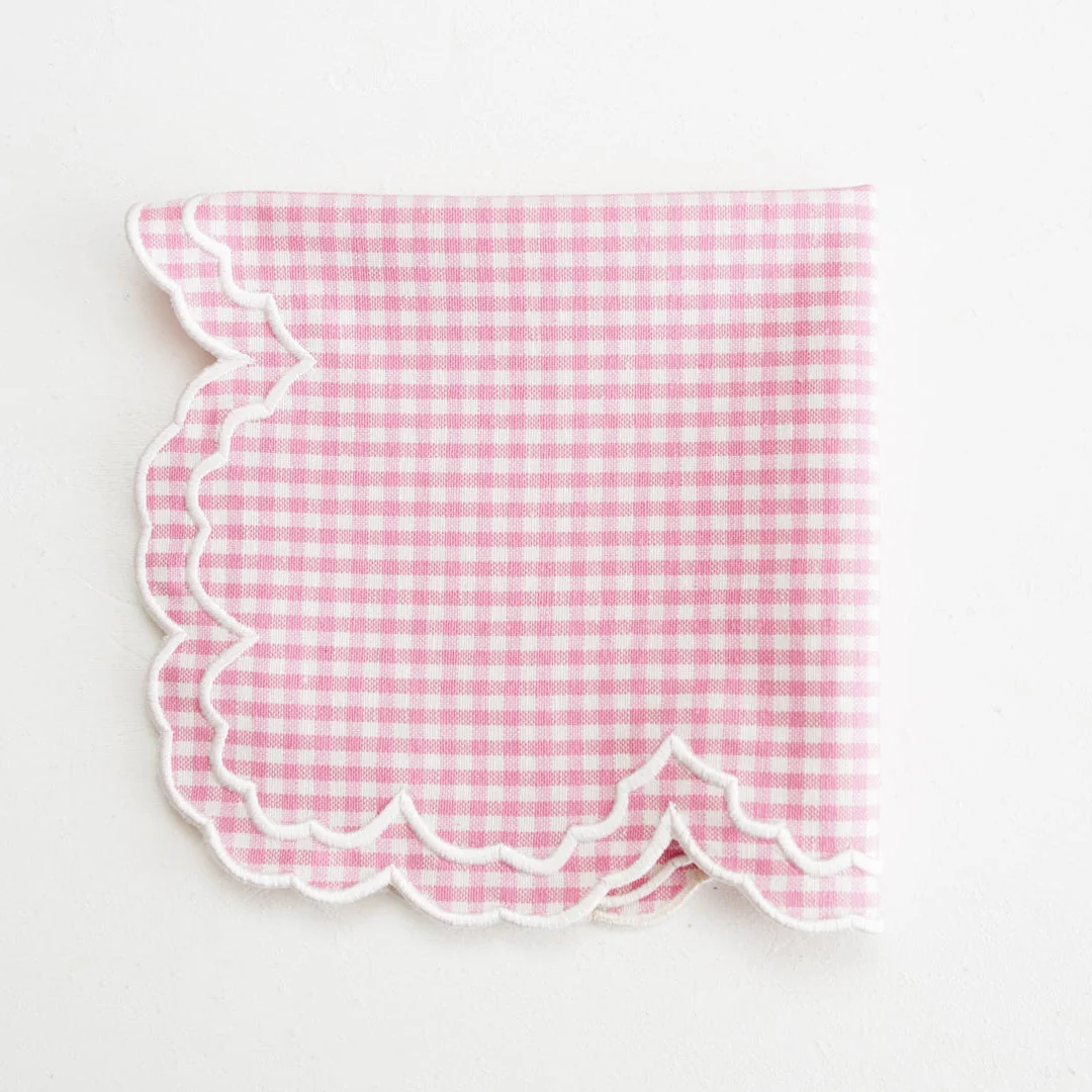 MAGNOLIA GINGHAM PINK WHITE TRIM FABRIC PLACEMAT NAPKIN SET - Image 3