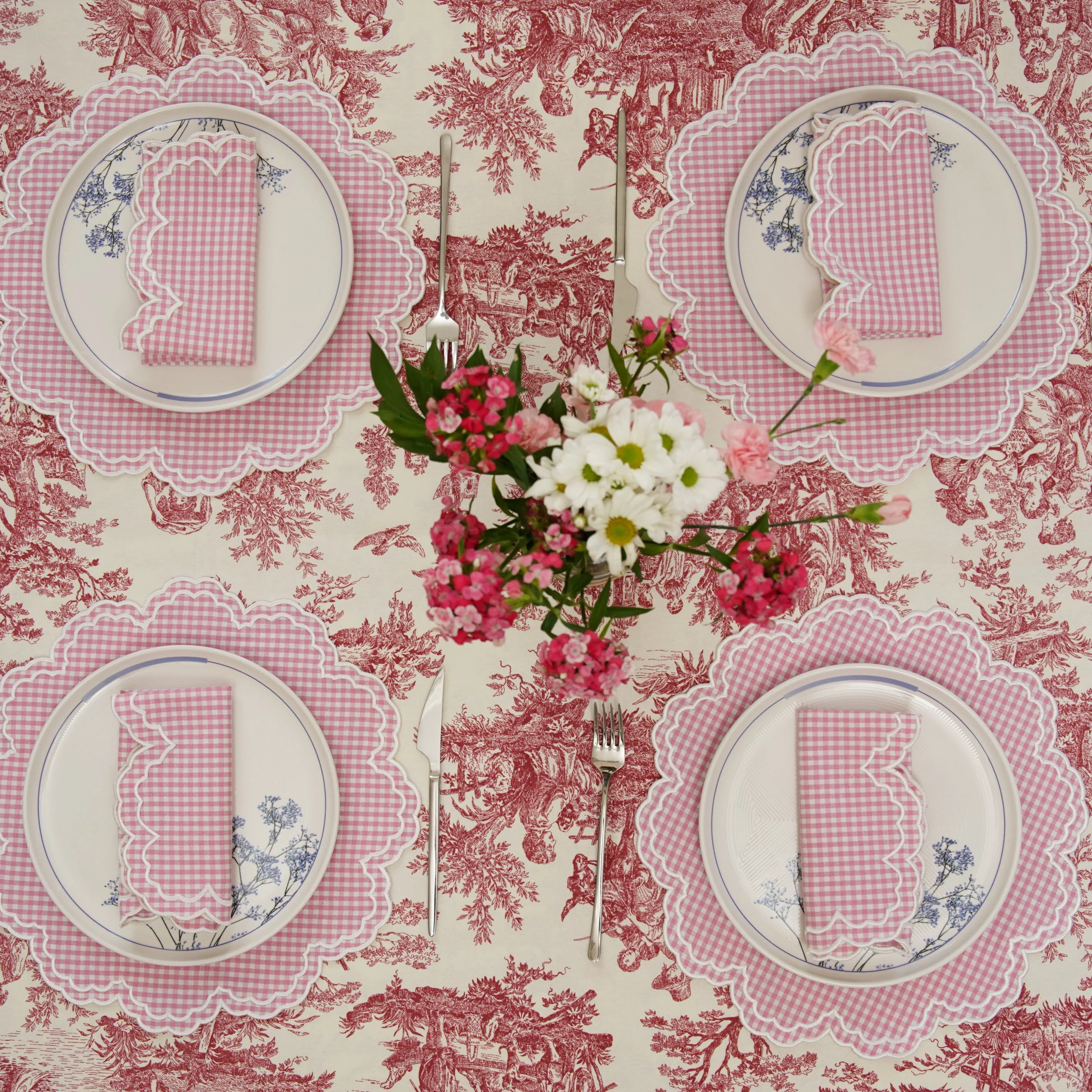 MAGNOLIA GINGHAM PINK WHITE TRIM FABRIC PLACEMAT NAPKIN SET - Image 4