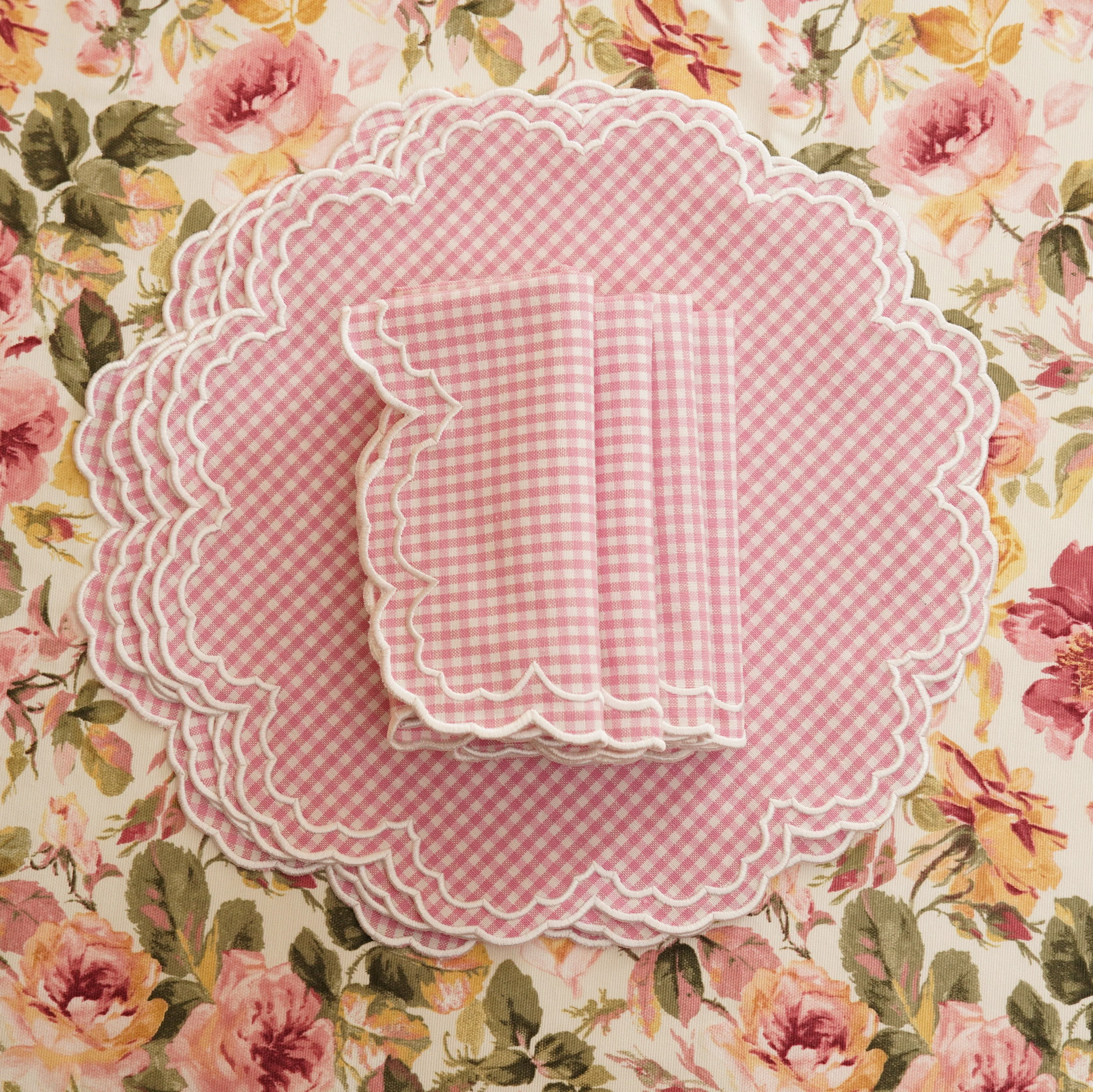 MAGNOLIA GINGHAM PINK WHITE TRIM FABRIC PLACEMAT NAPKIN SET - Image 5