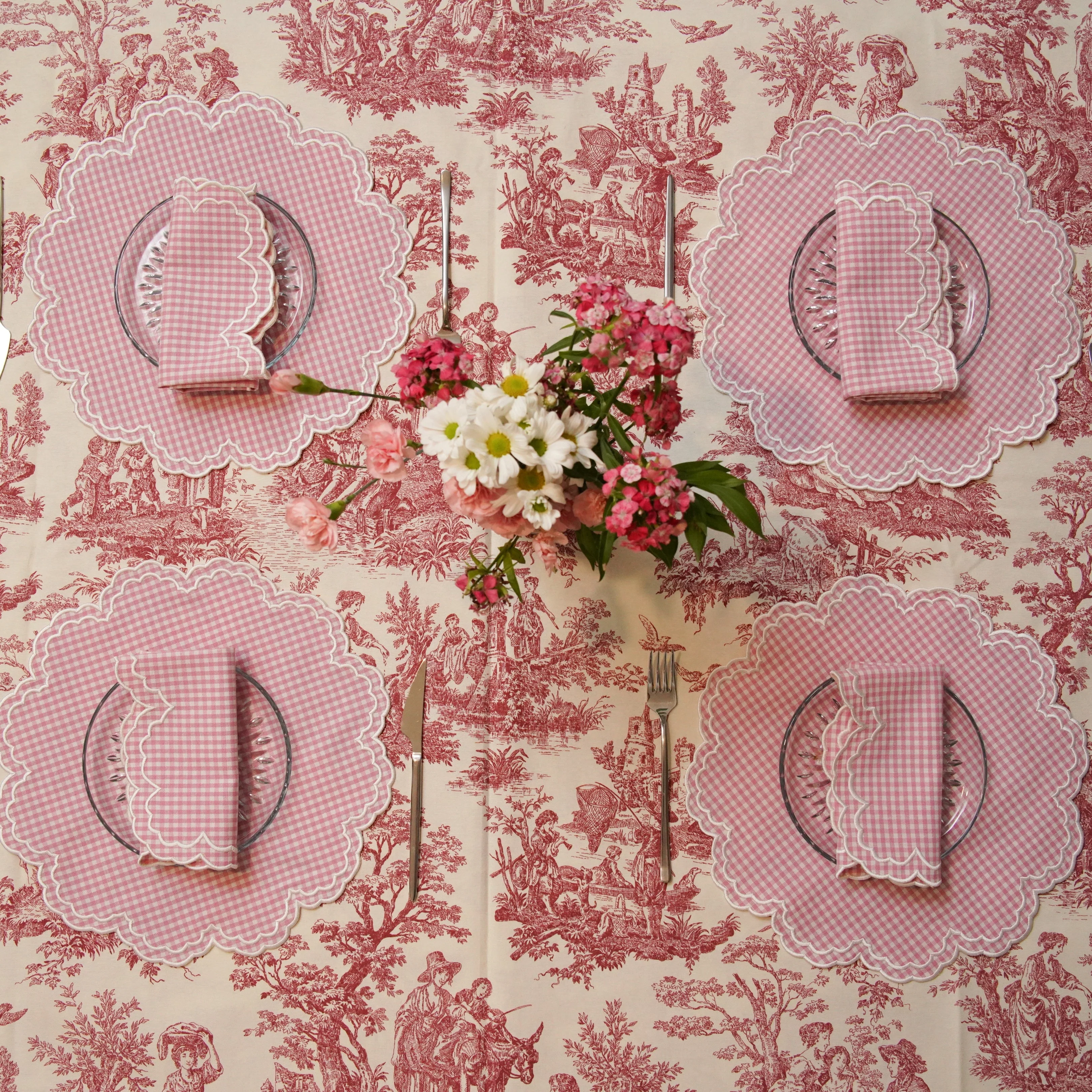 MAGNOLIA GINGHAM PINK WHITE TRIM FABRIC PLACEMAT NAPKIN SET - Image 7