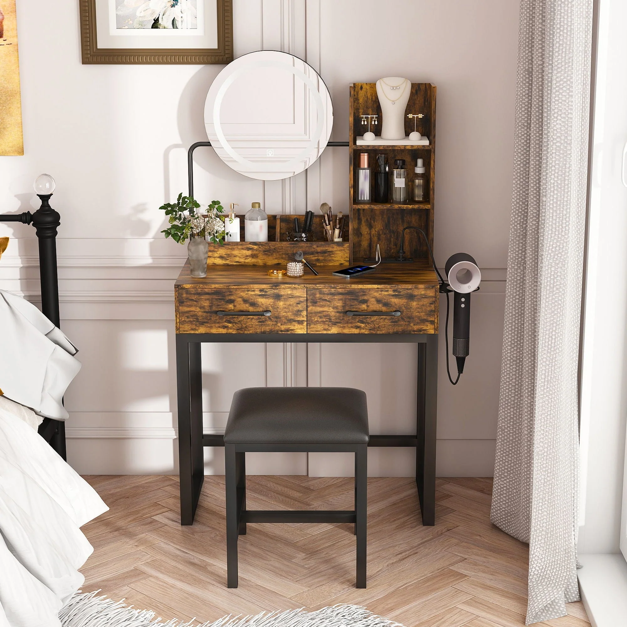 Makeup Vanity Table With LED Lights, 3 Color Options, Power Outlet - Image 3