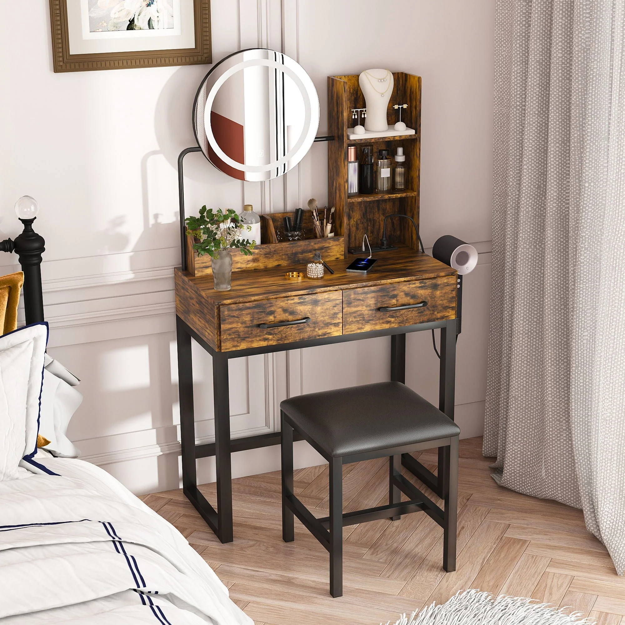 Makeup Vanity Table With LED Lights, 3 Color Options, Power Outlet - Image 4