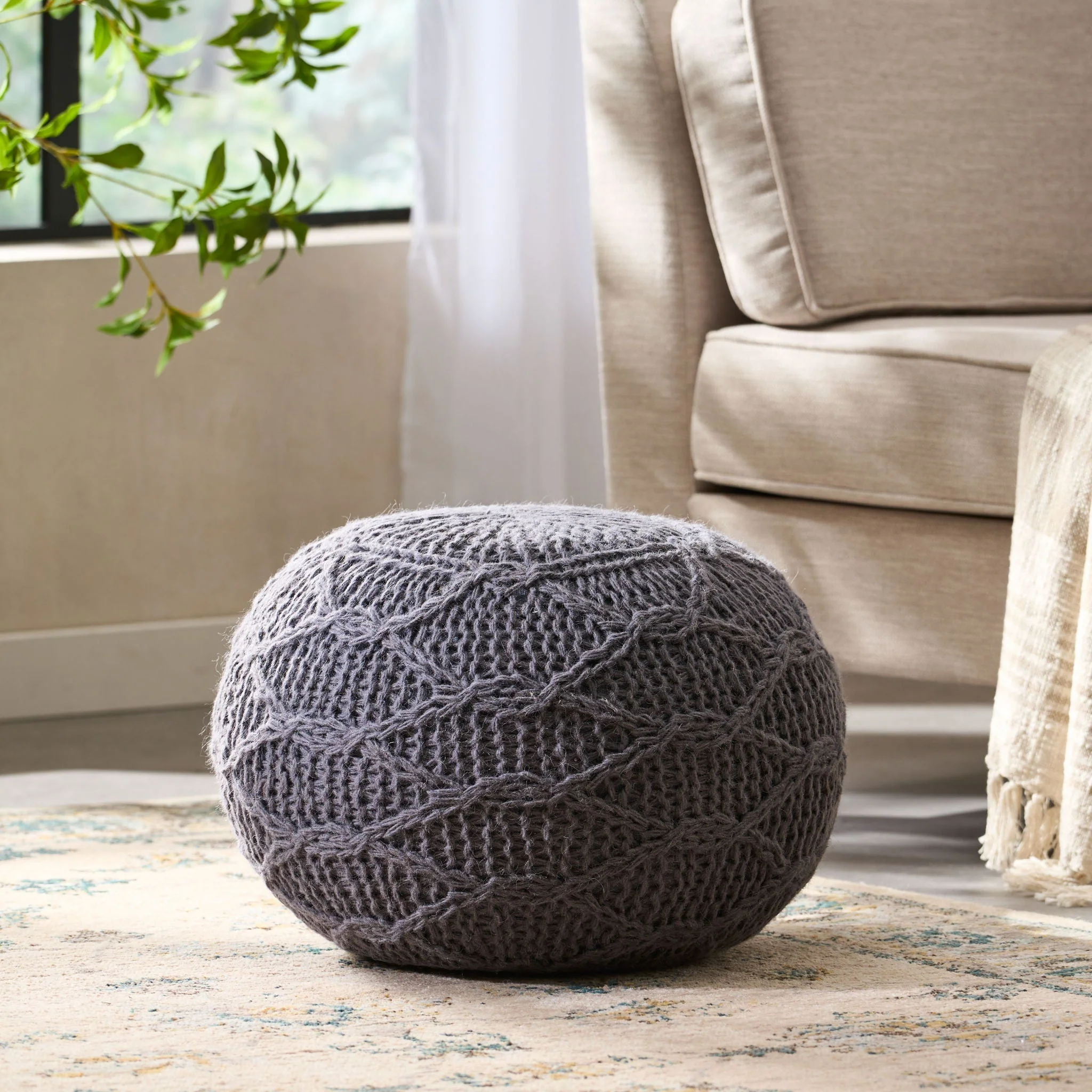 Malibu Modern Knitted Wool Round Pouf With Handcrafted Design - Charcoal - Image 2