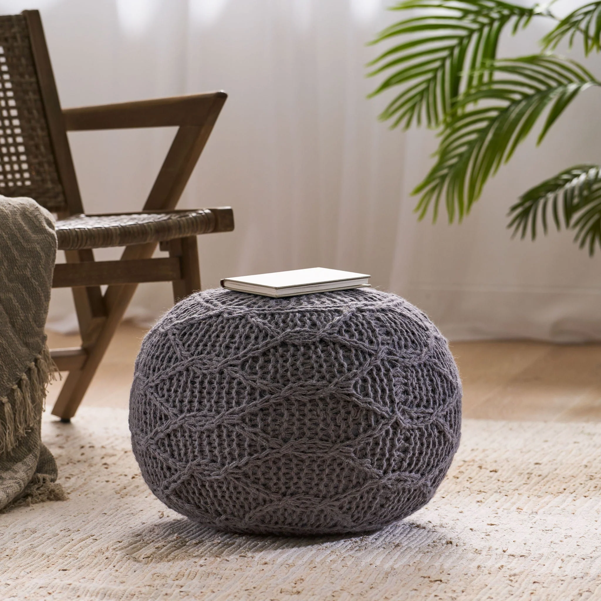 Malibu Modern Knitted Wool Round Pouf With Handcrafted Design - Charcoal - Image 3