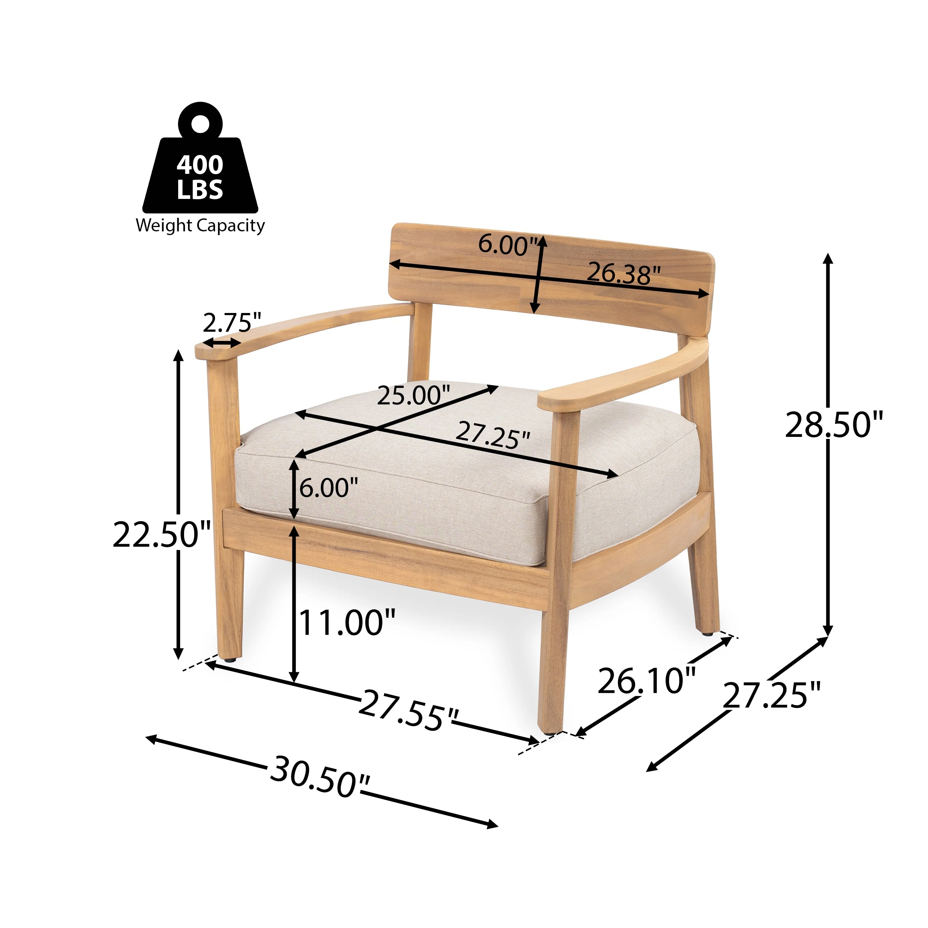 Mallorca Acacia Wood Club Chair with Seat Cushion - Image 10