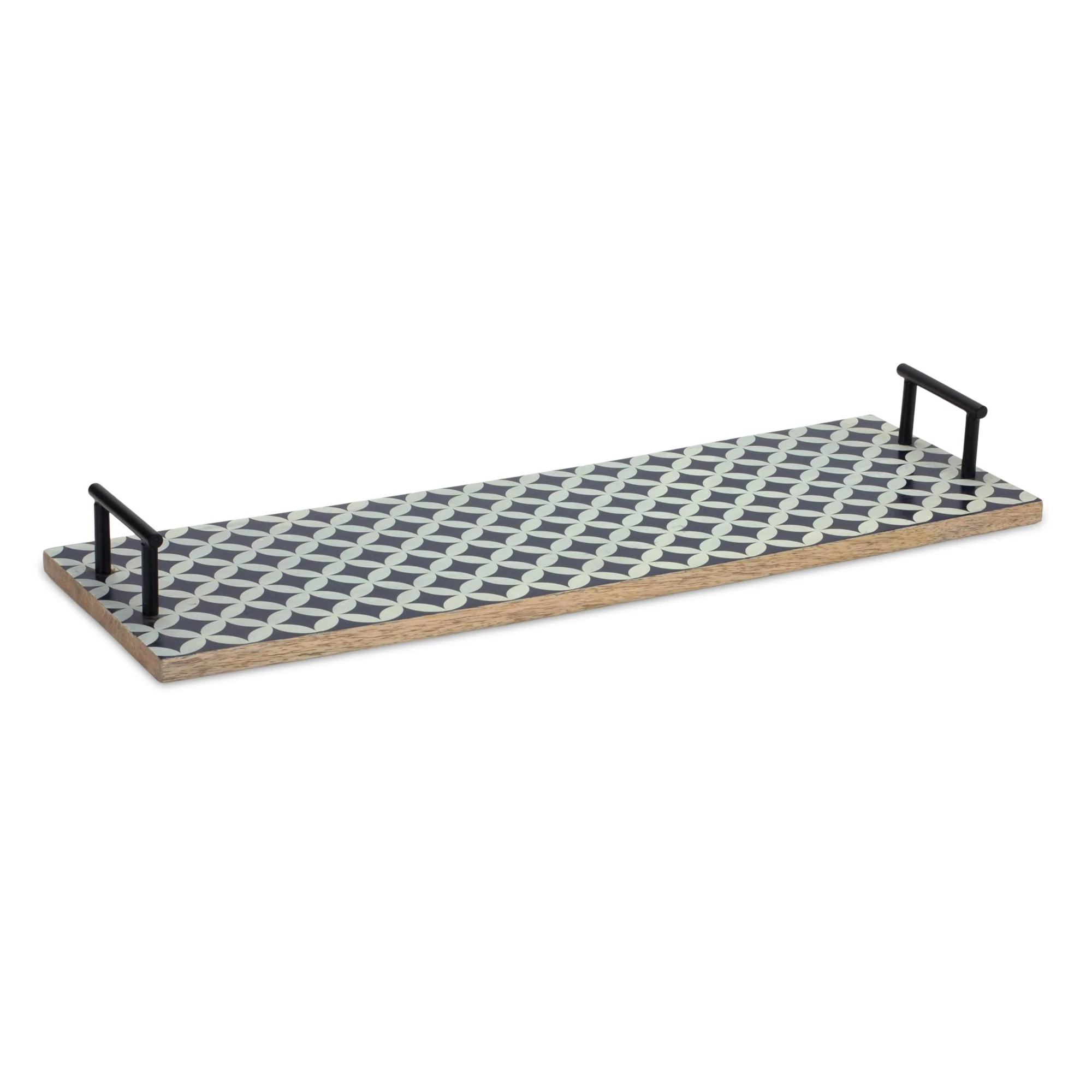 Mango Wood Tray with Geometric Design and Metal Handle Accents (Set of 2) - Image 2