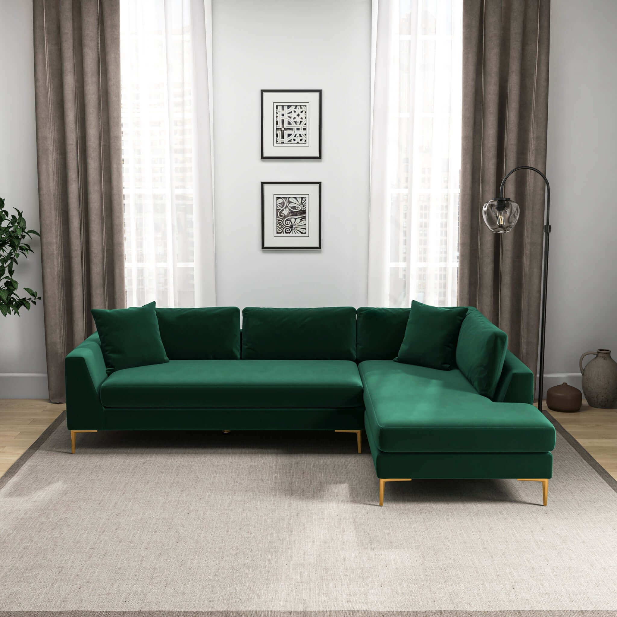 Mano L-Shaped Velvet Sectional Sofa In Green Right Facing - Image 2