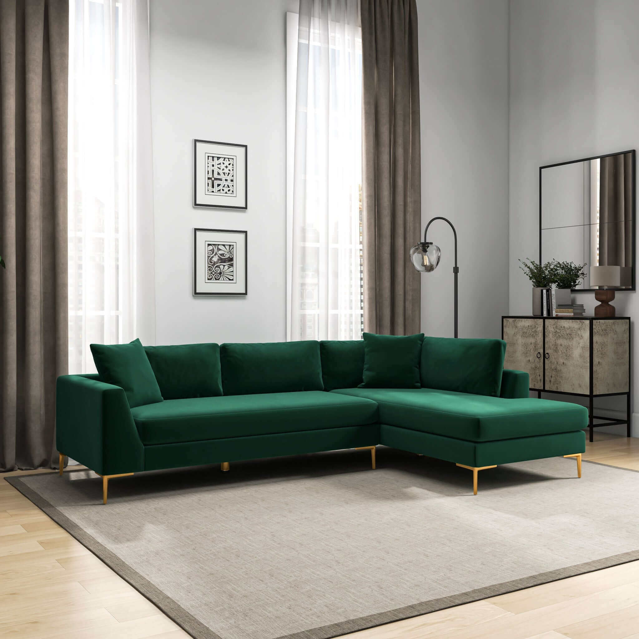 Mano L-Shaped Velvet Sectional Sofa In Green Right Facing - Image 3