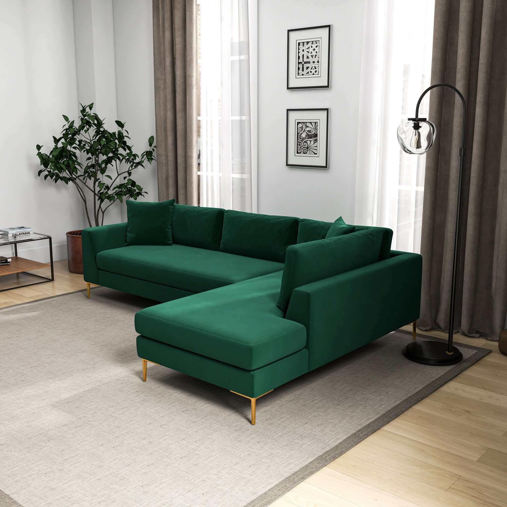 Mano L-Shaped Velvet Sectional Sofa In Green Right Facing - Image 4