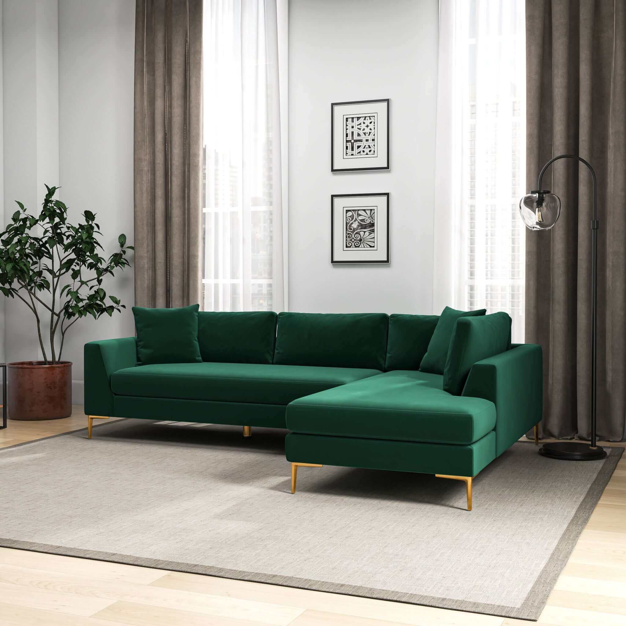 Mano L-Shaped Velvet Sectional Sofa In Green Right Facing - Image 5