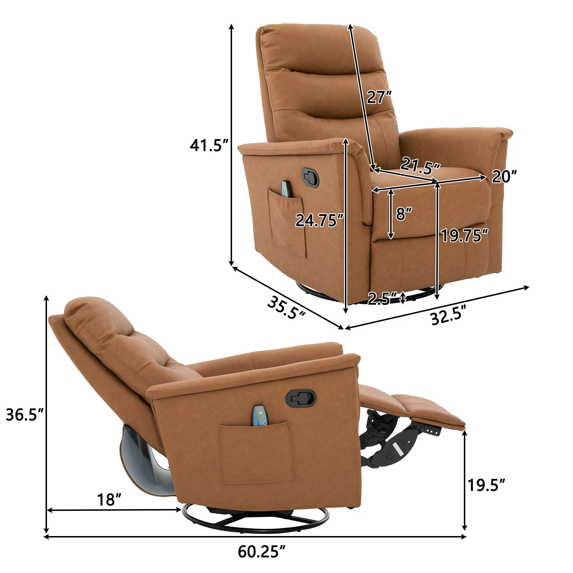 Manual Recliner Chair With 8-Point Massage and Swivel Function - Image 11