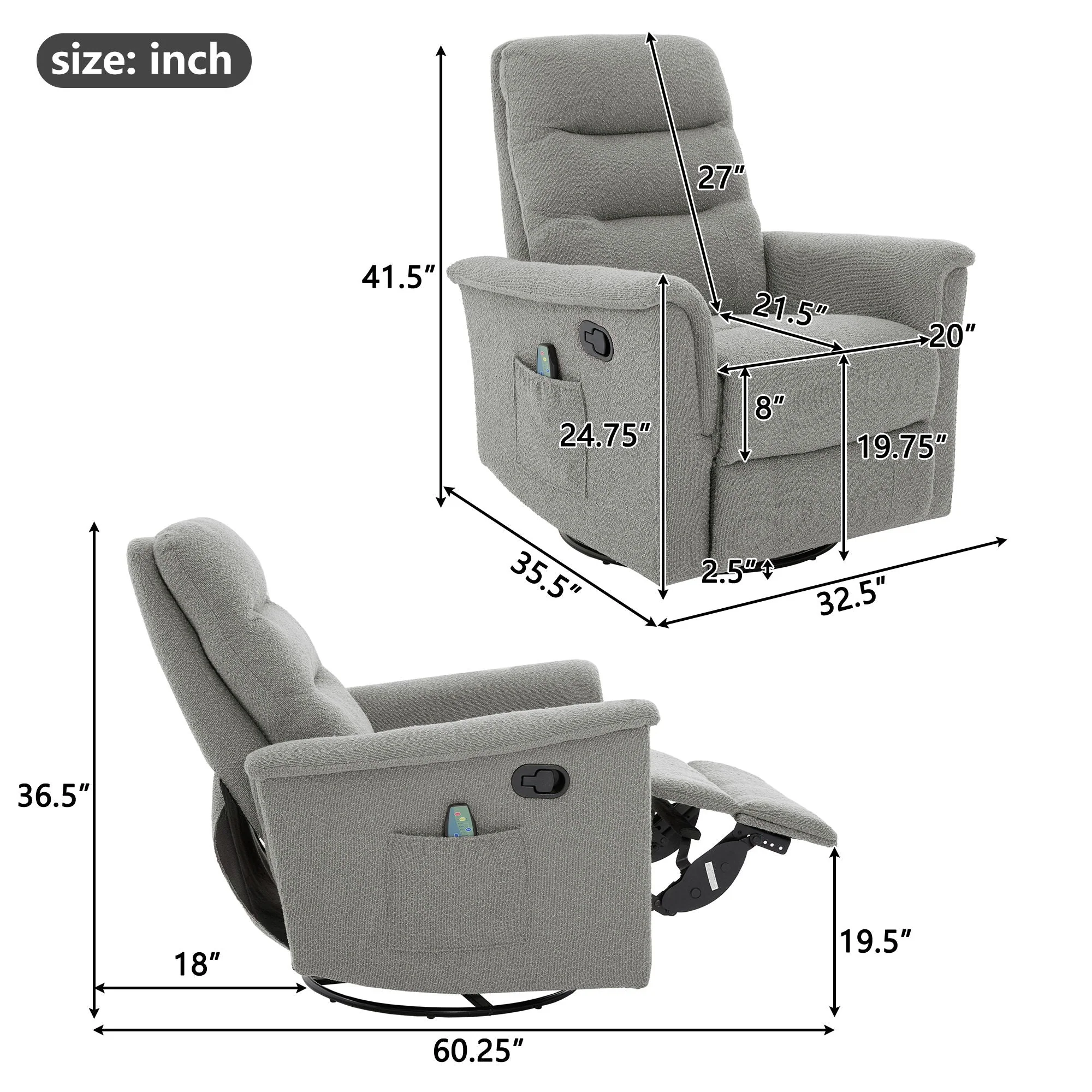 Manual Recliner Chair With 8-Point Massage and Swivel Function - Image 12