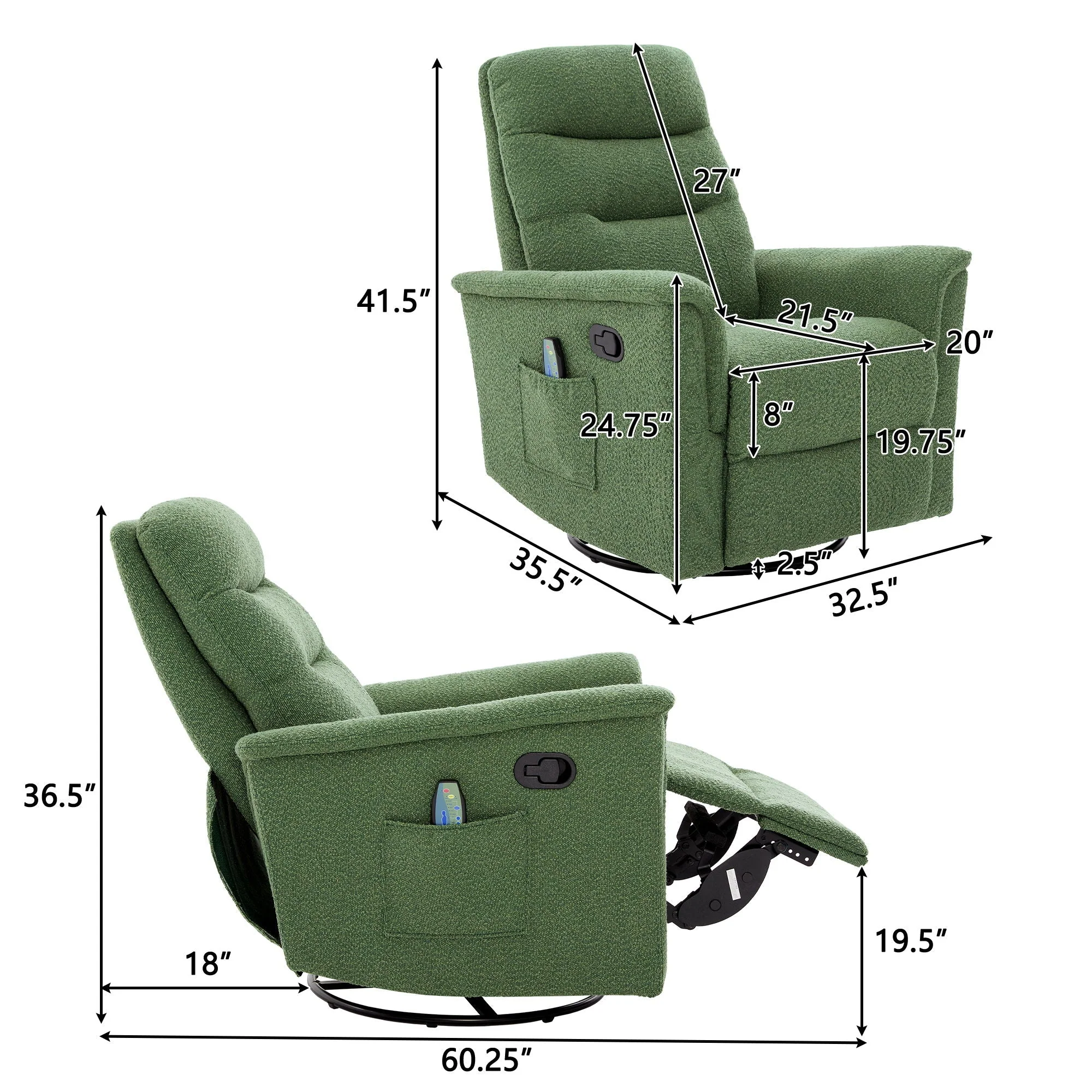 Manual Recliner Chair With 8-Point Massage and Swivel Function - Image 7
