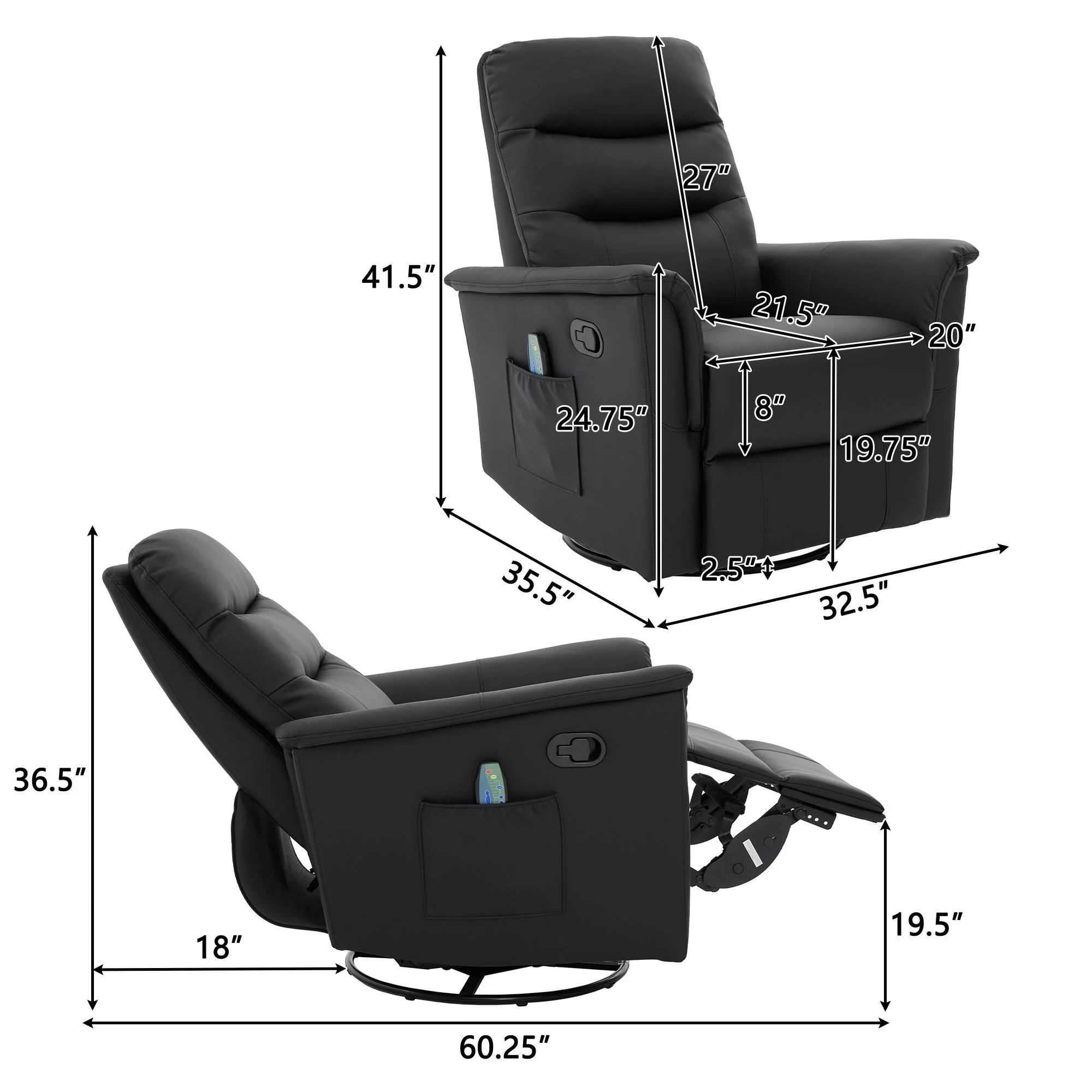 Manual Recliner Chair With 8-Point Massage and Swivel Function - Image 9