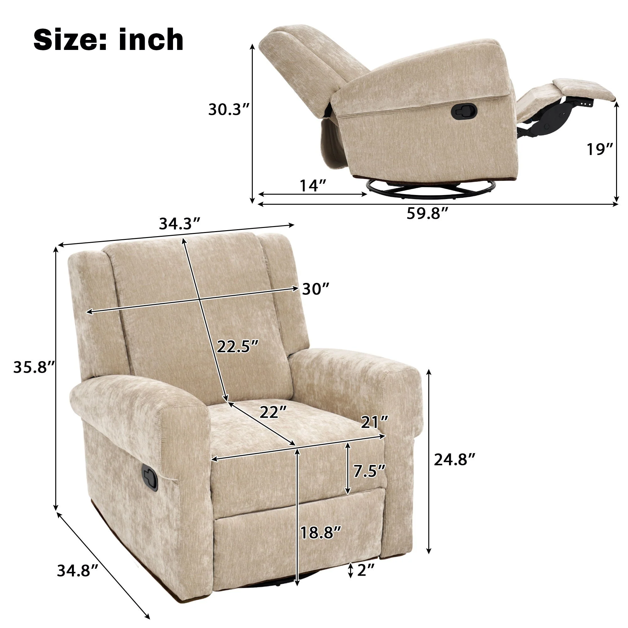 Manual Recliner Chair With Swivel Rocker Function, Dual Recline Angles - Image 5