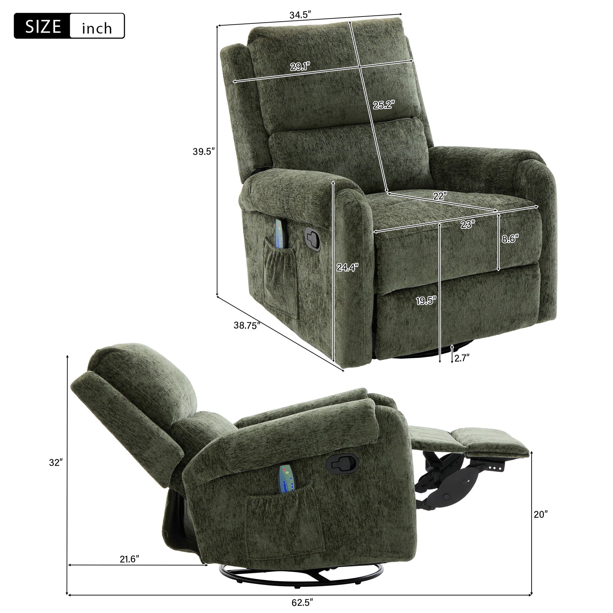 Manual Recliner Massage Chair with Swivel Rocker and 8 Massage Modes - Image 13