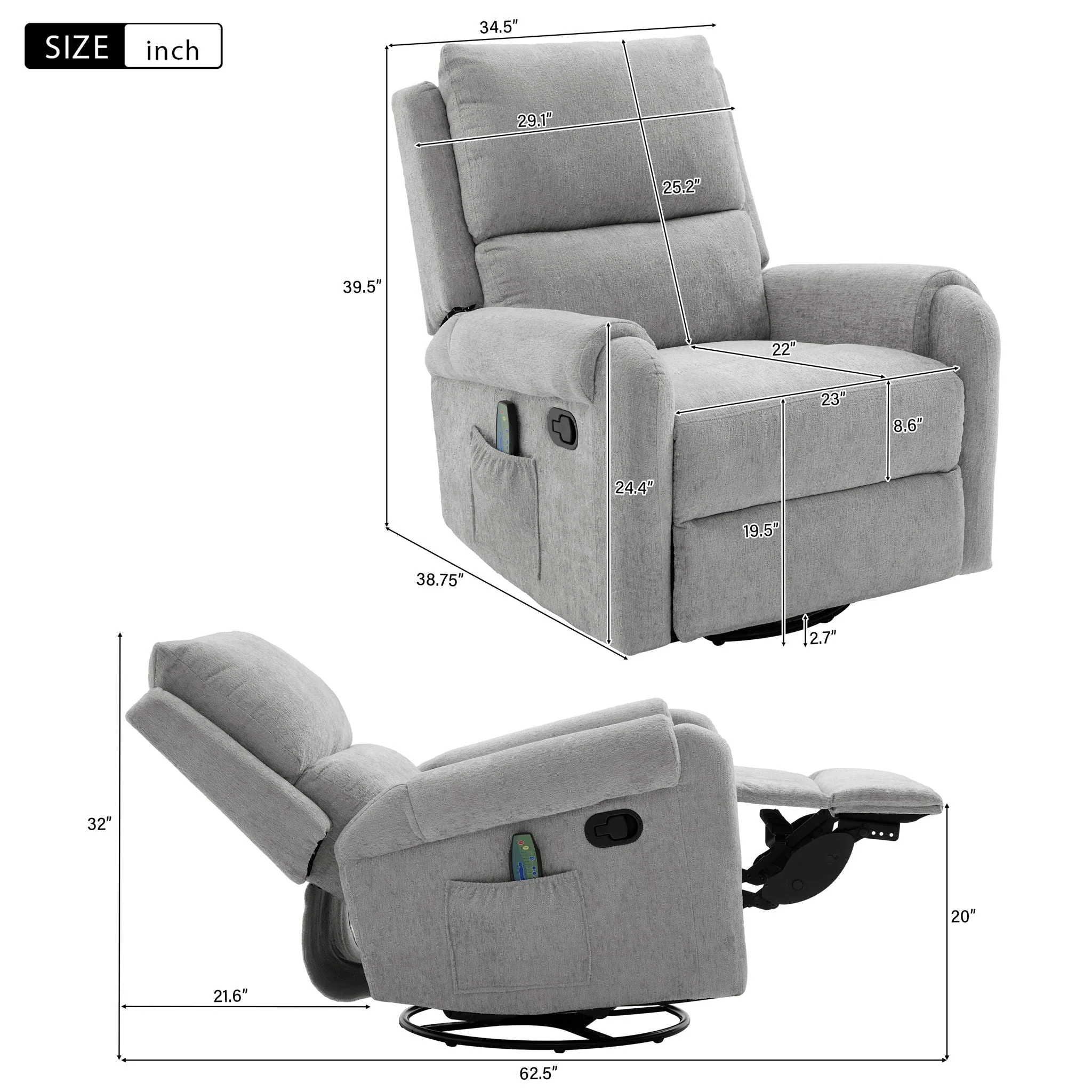 Manual Recliner Massage Chair with Swivel Rocker and 8 Massage Modes - Image 5