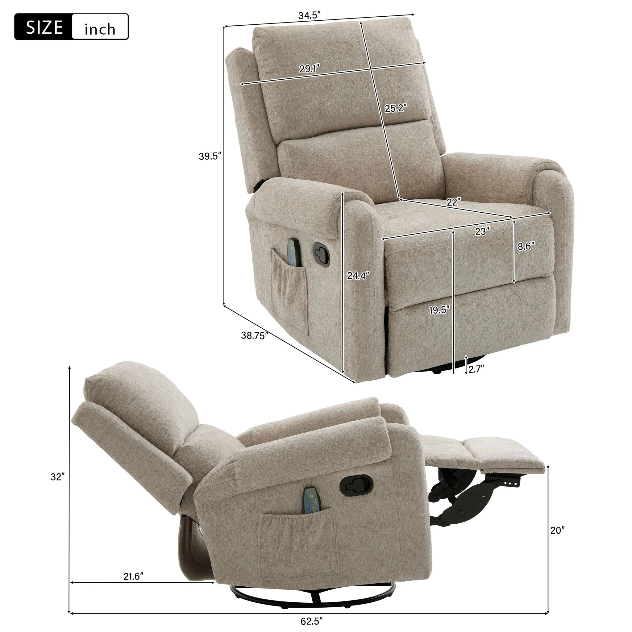 Manual Recliner Massage Chair with Swivel Rocker and 8 Massage Modes - Image 7