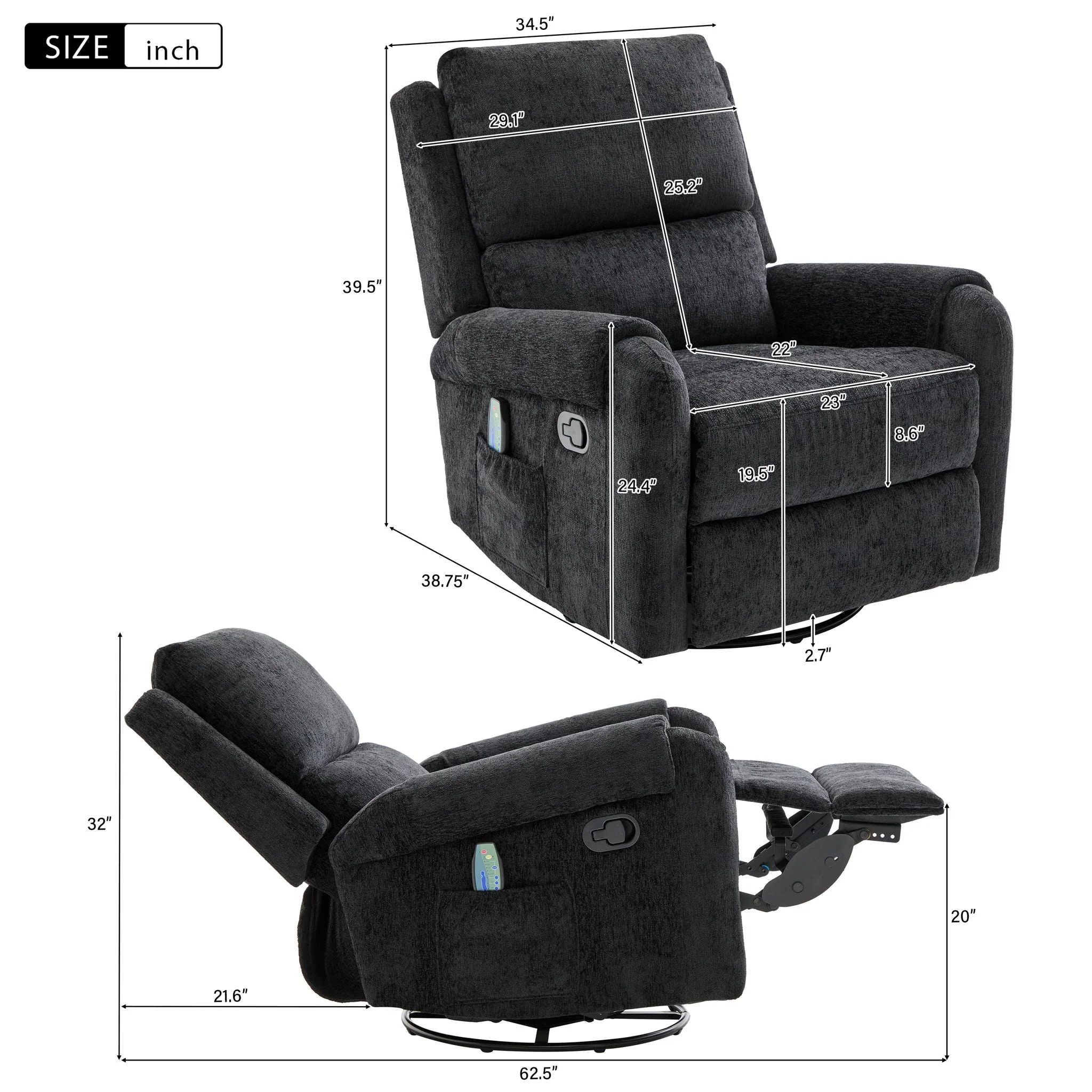 Manual Recliner Massage Chair with Swivel Rocker and 8 Massage Modes - Image 9