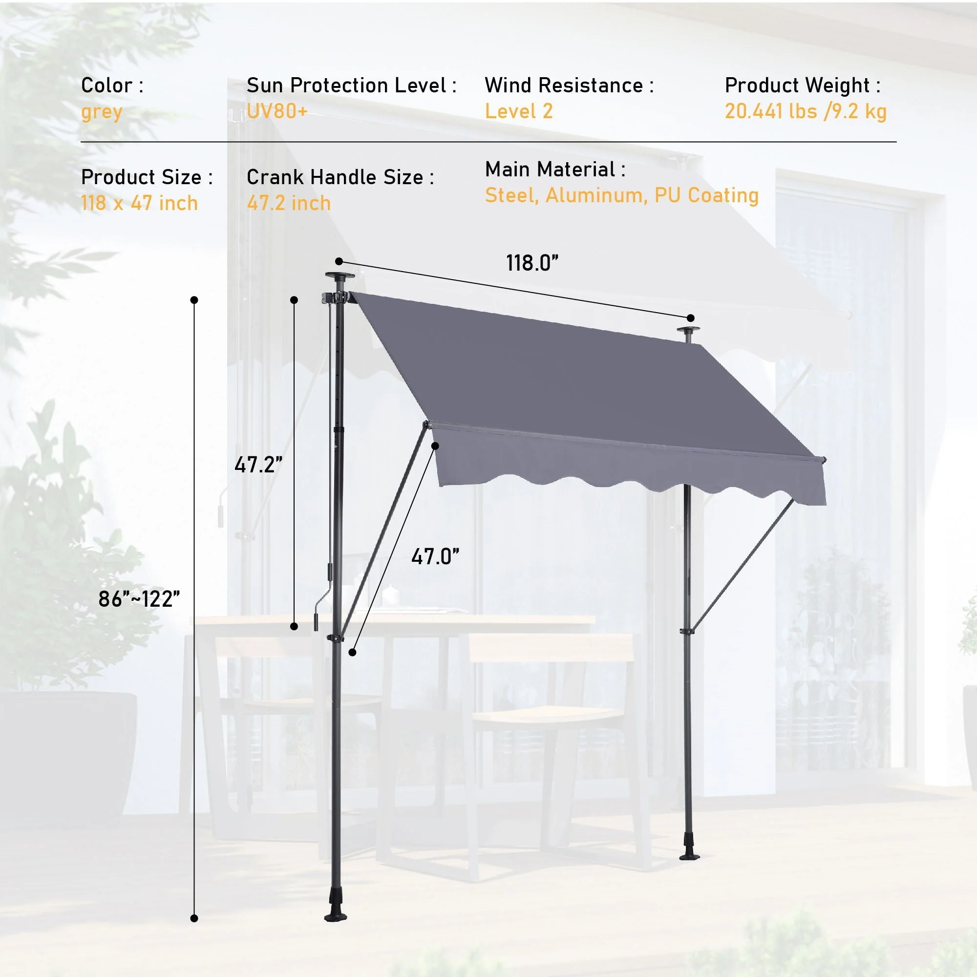 Manual Retractable Patio Awning, UV Resistant Sun Shade With No Drill Installation - Image 6