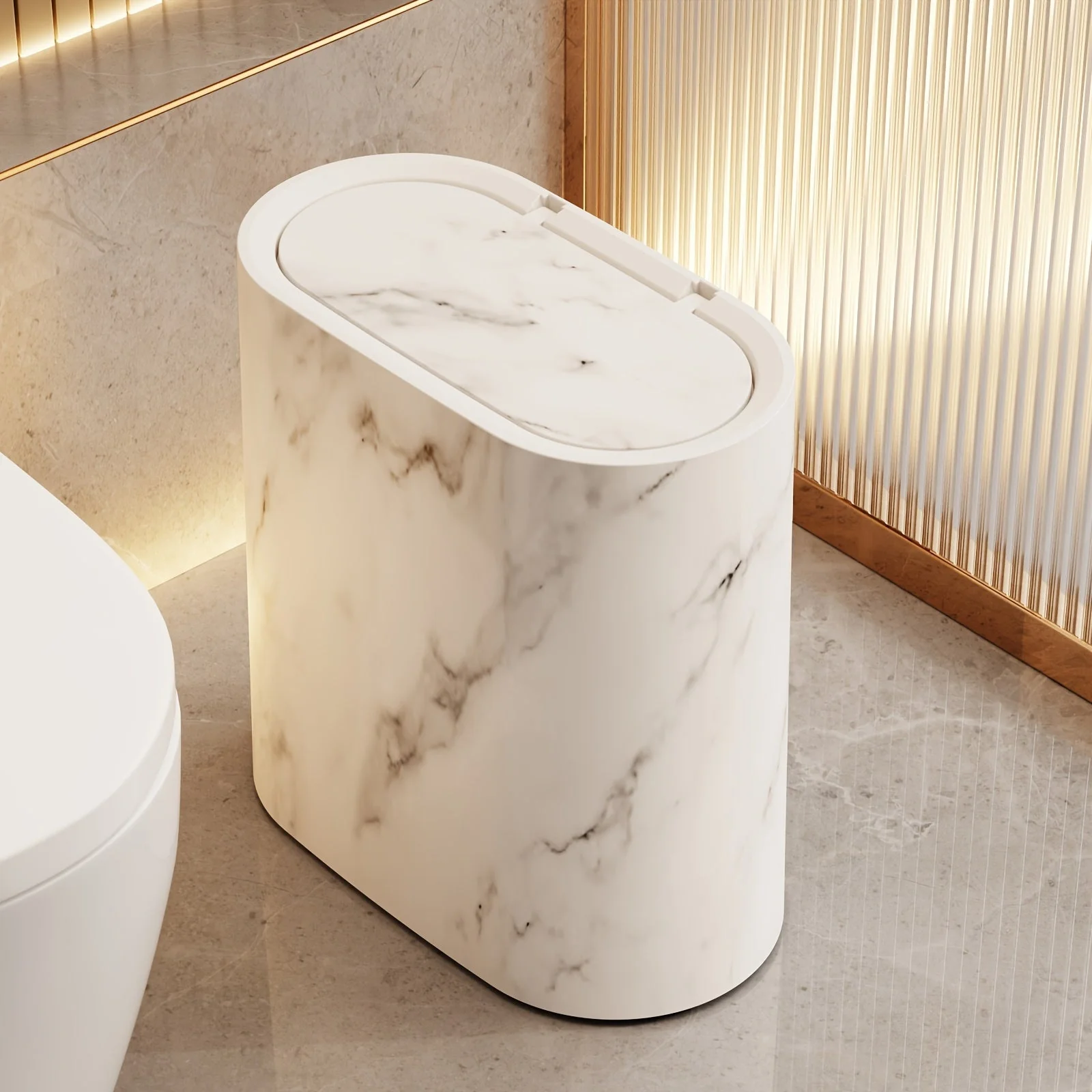 Marble Bathroom Trash Can with Lid Oval Small Kitchen Garbage Bin - Image 2