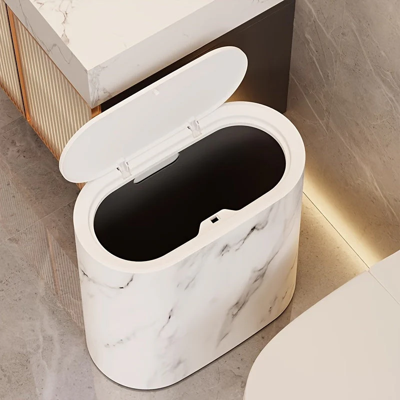 Marble Bathroom Trash Can with Lid Oval Small Kitchen Garbage Bin - Image 5