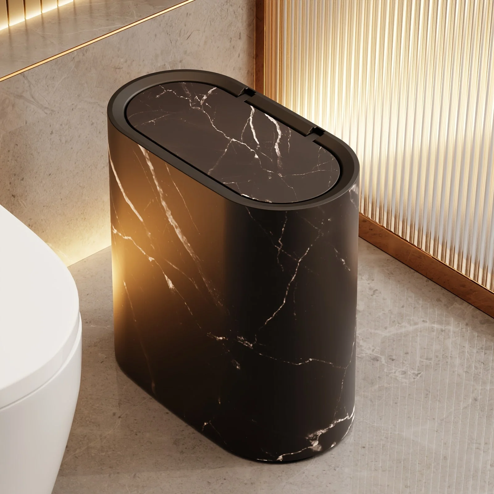 Marble Bathroom Trash Can with Lid Oval Small Kitchen Garbage Bin - Image 7