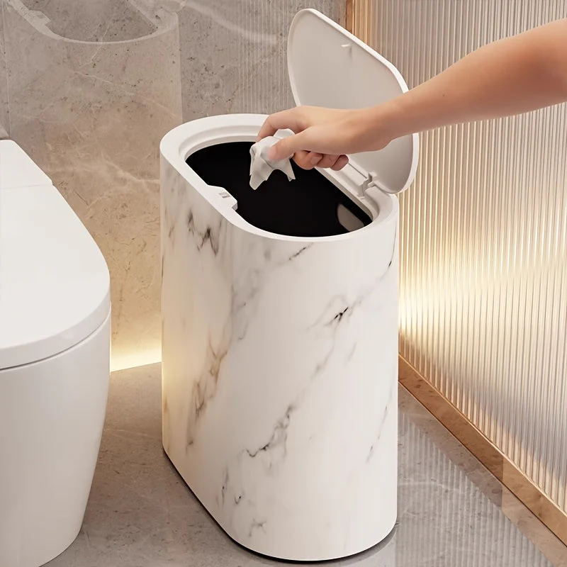 Marble Bathroom Trash Can with Lid Oval Small Kitchen Garbage Bin - Image 8