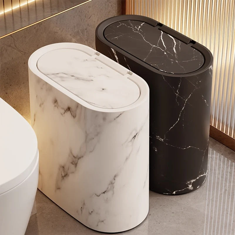 Marble Bathroom Trash Can with Lid Oval Small Kitchen Garbage Bin - Image 9